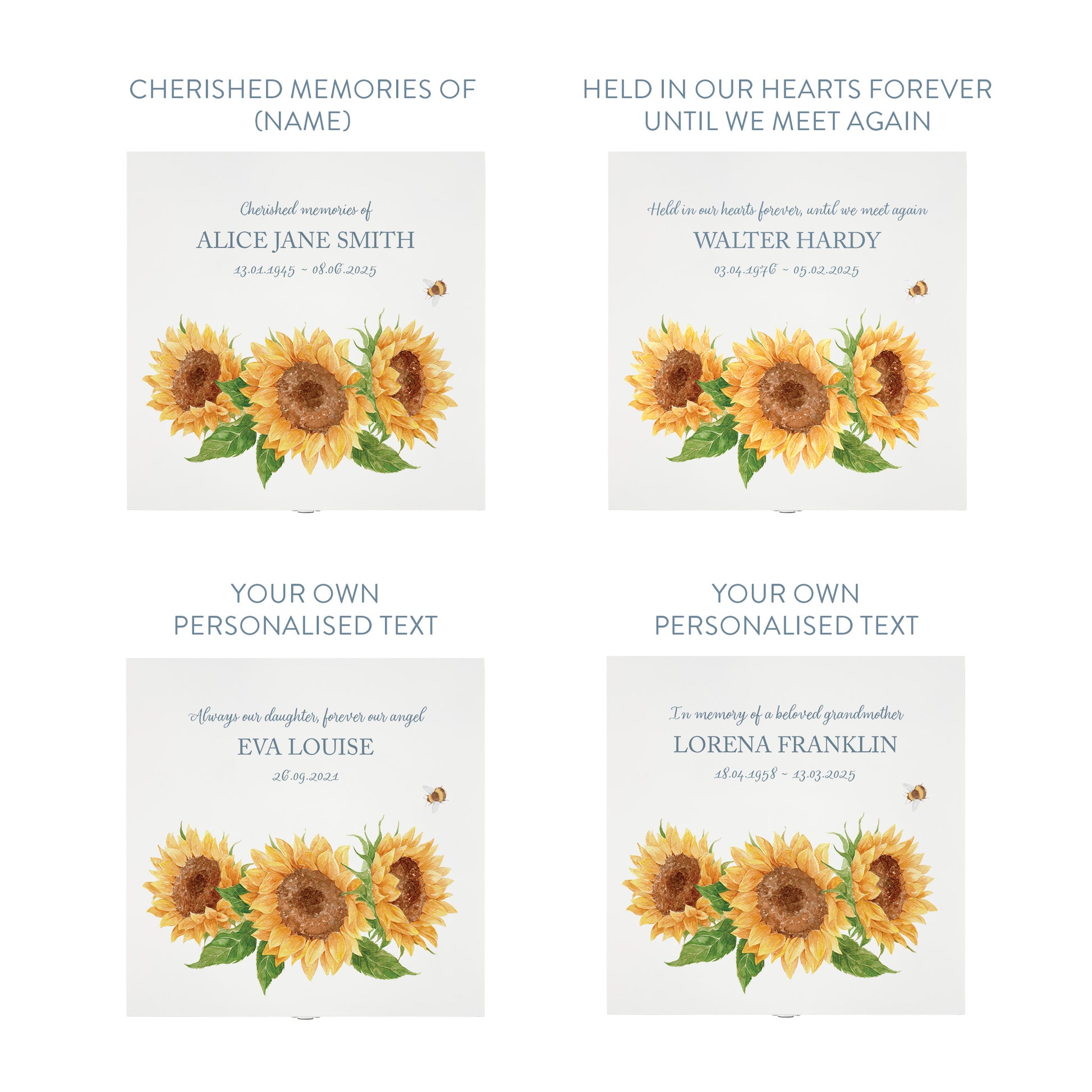 White Square personalised Wooden box with a decorative lid featuring illustrations of Sunflowers and a buzzy bee Perfect funeral memory keepsake box, for storing ashes, order of service, flowers and capturing your loved ones things in one place.
