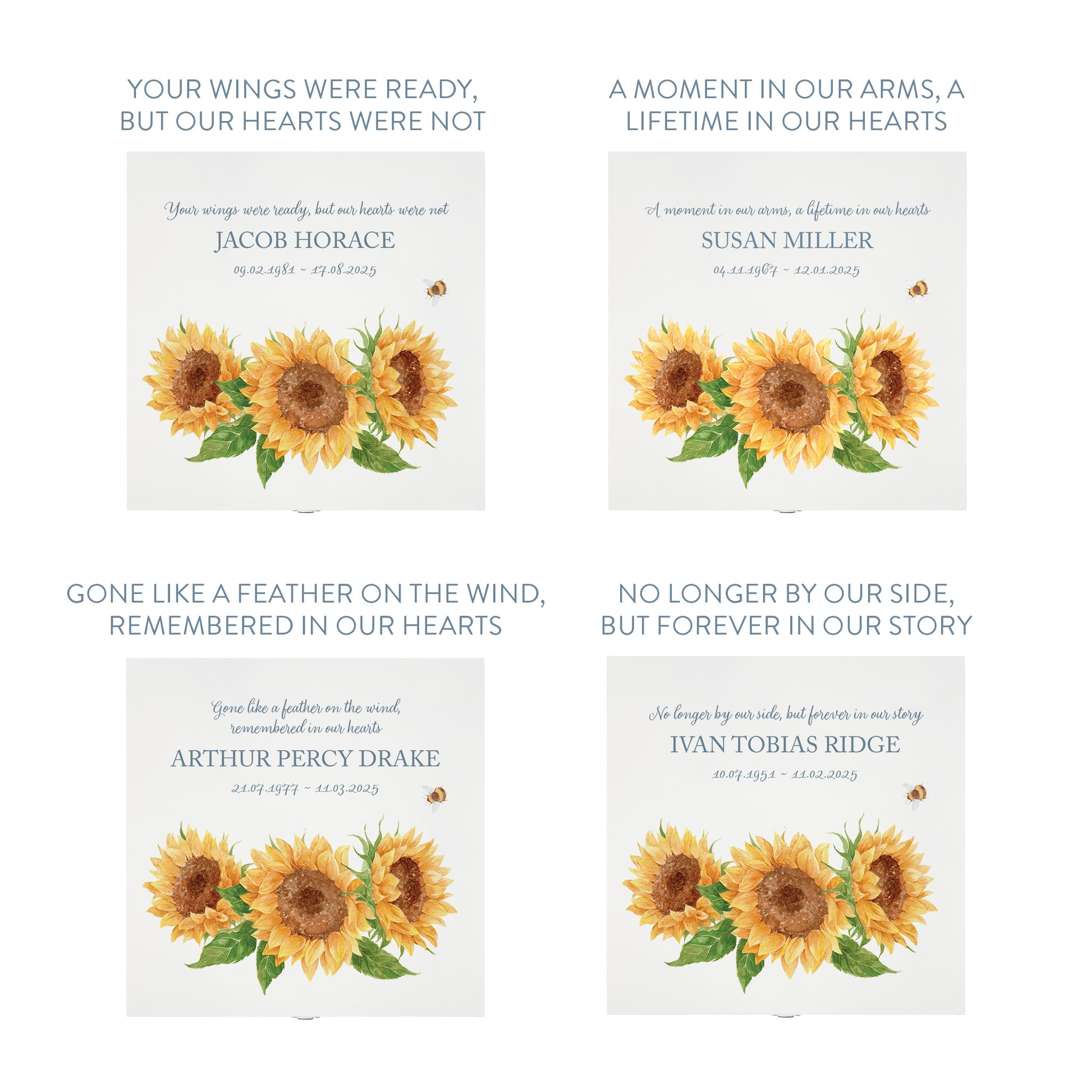 White Square personalised Wooden box with a decorative lid featuring illustrations of Sunflowers and a buzzy bee Perfect funeral memory keepsake box, for storing ashes, order of service, flowers and capturing your loved ones things in one place.