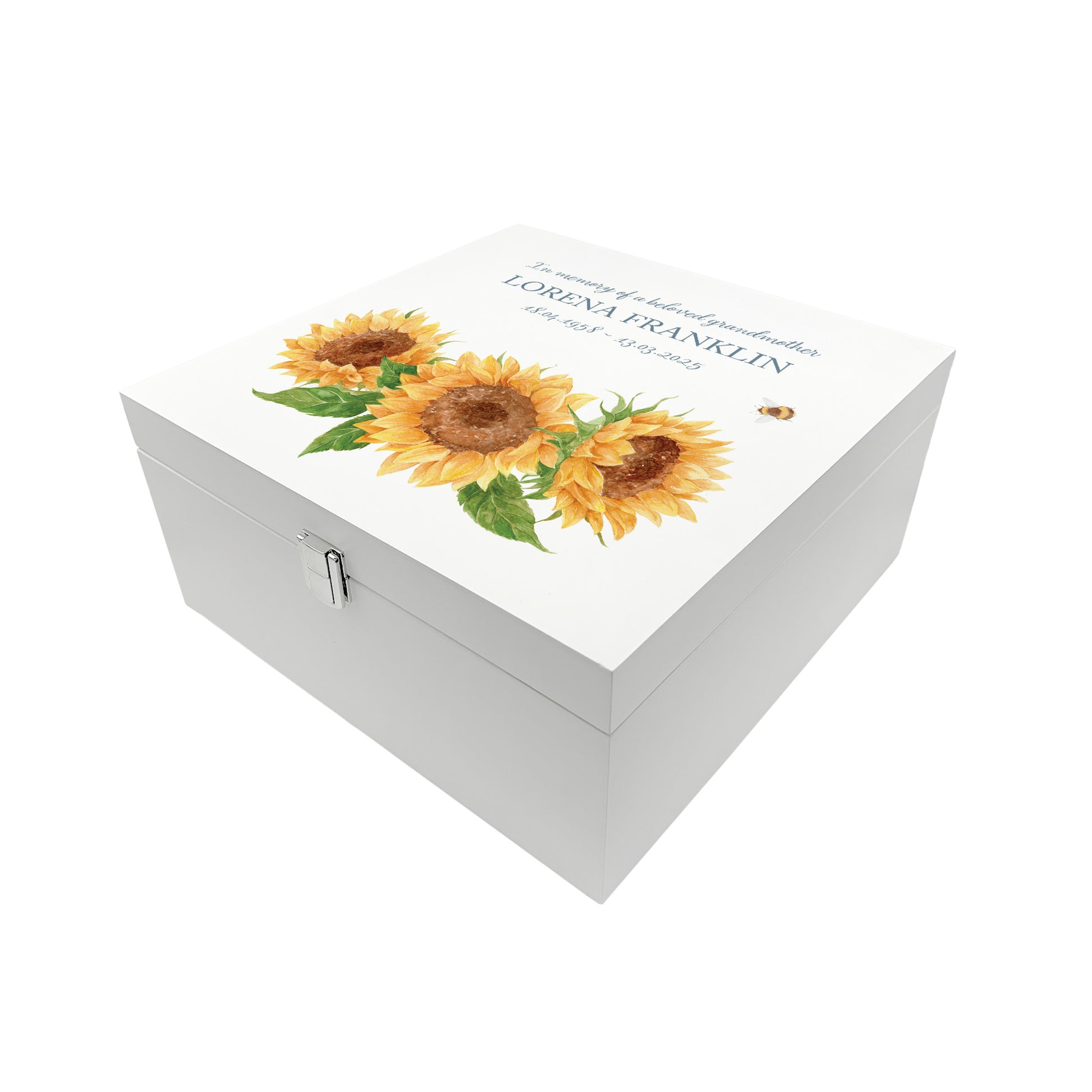 White Square personalised Wooden box with a decorative lid featuring illustrations of Sunflowers and a buzzy bee Perfect funeral memory keepsake box, for storing ashes, order of service, flowers and capturing your loved ones things in one place.