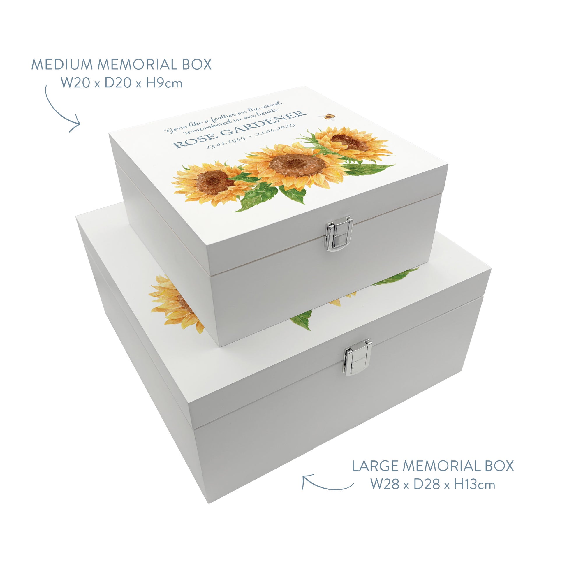 White Square personalised Wooden box with a decorative lid featuring illustrations of Sunflowers and a buzzy bee Perfect funeral memory keepsake box, for storing ashes, order of service, flowers and capturing your loved ones things in one place.