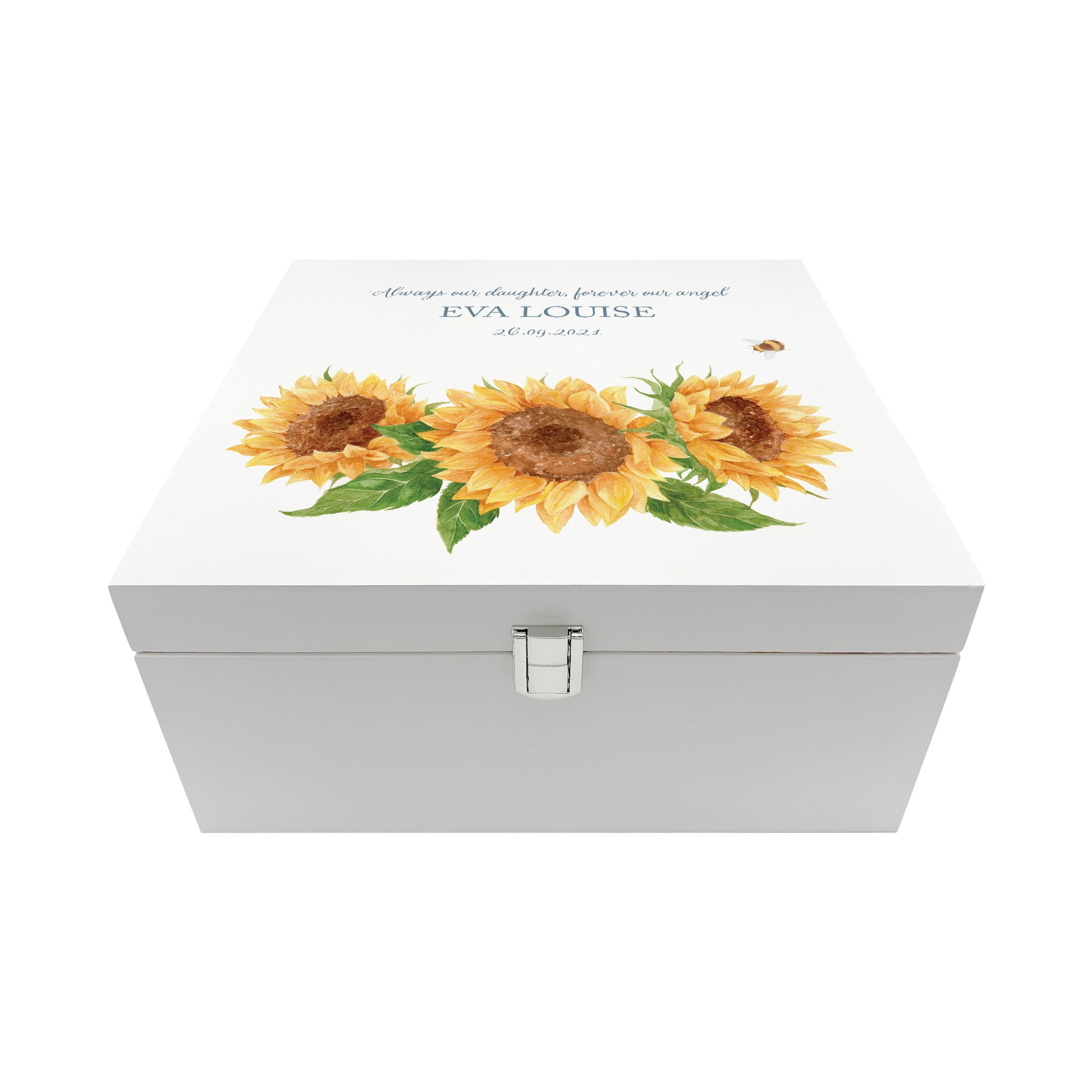 White Square personalised Wooden box with a decorative lid featuring illustrations of Sunflowers and a buzzy bee Perfect funeral memory keepsake box, for storing ashes, order of service, flowers and capturing your loved ones things in one place.
