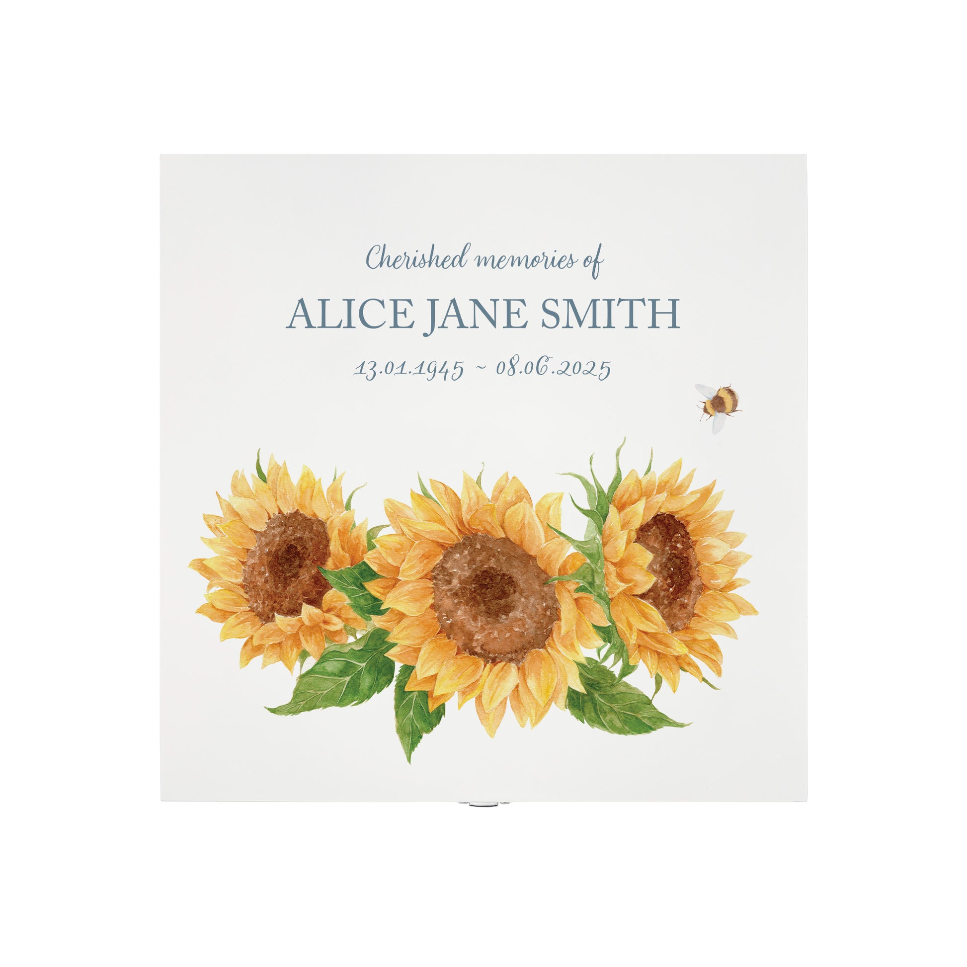 White Square personalised Wooden box with a decorative lid featuring illustrations of Sunflowers and a buzzy bee Perfect funeral memory keepsake box, for storing ashes, order of service, flowers and capturing your loved ones things in one place.