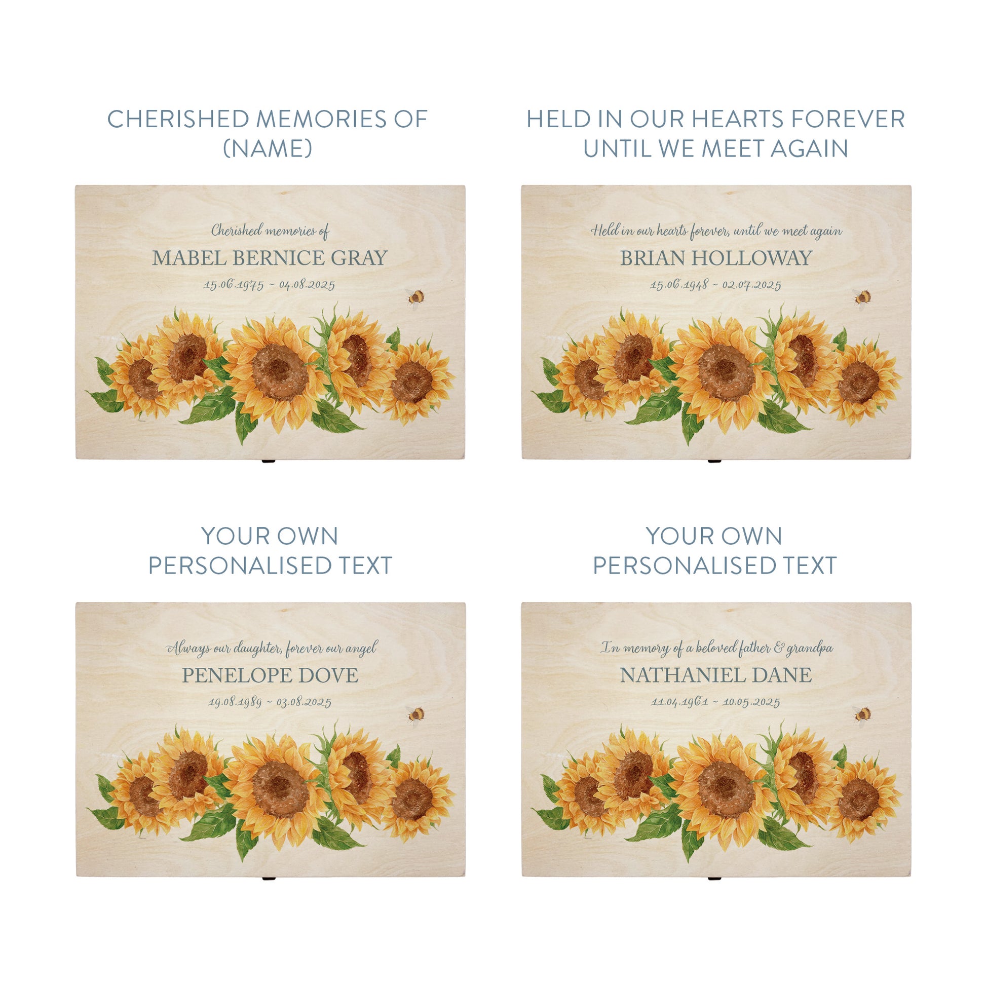 Wooden box with a lid featuring an illustration with sunflowers Perfect funeral memory keepsake box, for storing ashes, order of service, flowers, pictures.