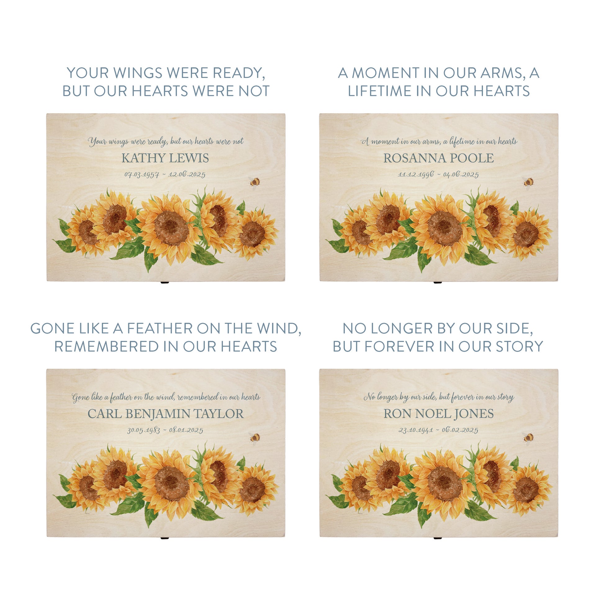 Wooden box with a lid featuring an illustration with sunflowers Perfect funeral memory keepsake box, for storing ashes, order of service, flowers, pictures.