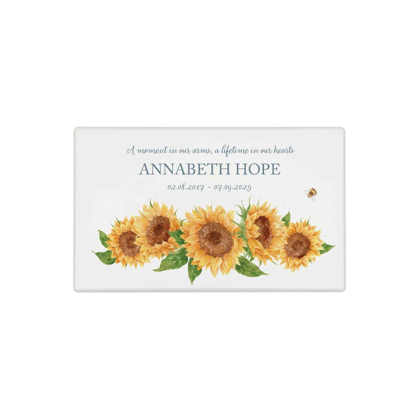 Luxury solid wooden white painted Urn with Sunflowers, a watercolour illustration, our urns and Caskets for displaying or burying ashes. Customisable and can be personalised. Perfect funeral memory keepsake urn, for storing ashes for humans and pets.