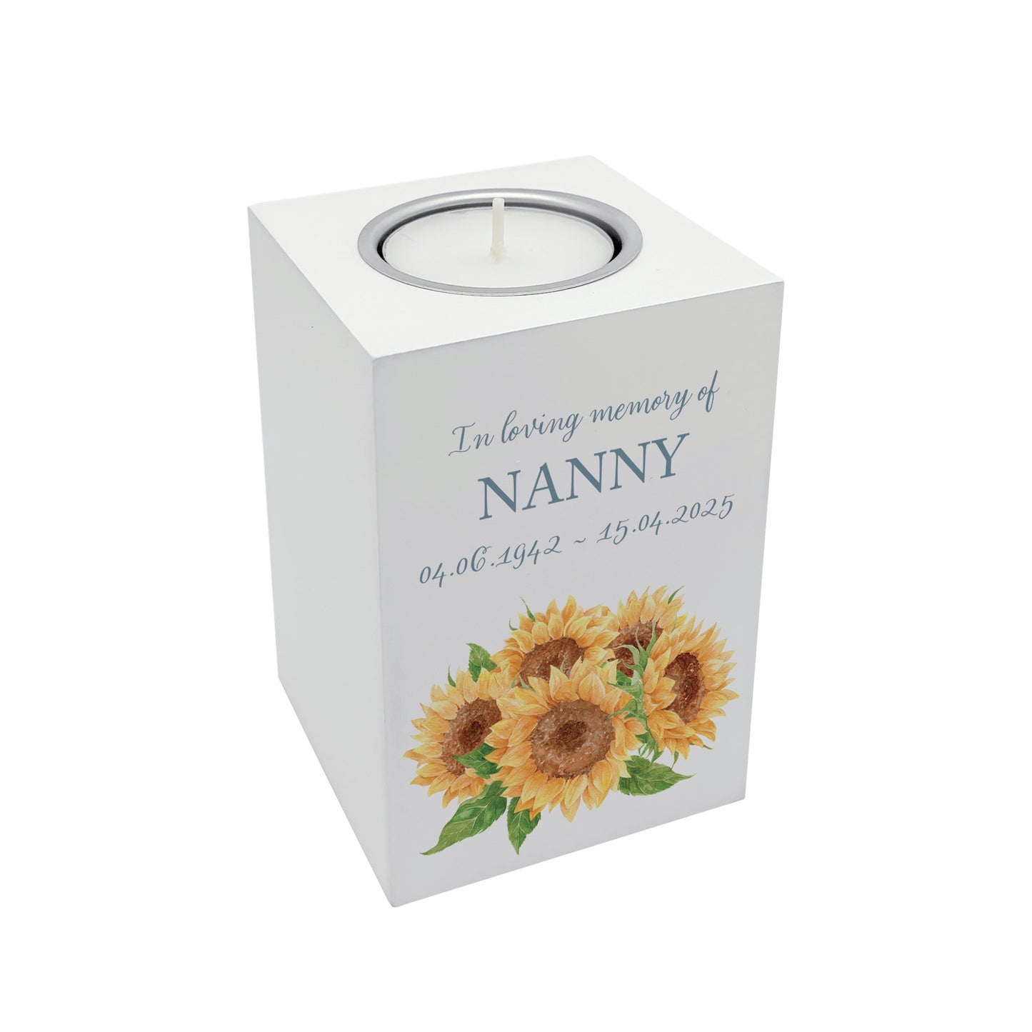 wooden cuboid luxury tealight holder with gorgeous personalised options . Each product is lovingly designed, handmade with our Countryside inspired watercolour designs. This design features a Sunflowers, unique designs to remember a loved on, great for memorial occasions