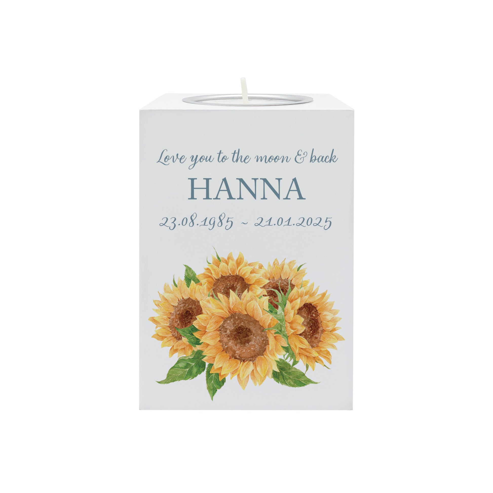 wooden cuboid luxury tealight holder with gorgeous personalised options . Each product is lovingly designed, handmade with our Countryside inspired watercolour designs. This design features a Sunflowers,  unique designs to remember a loved on, great for memorial occasions