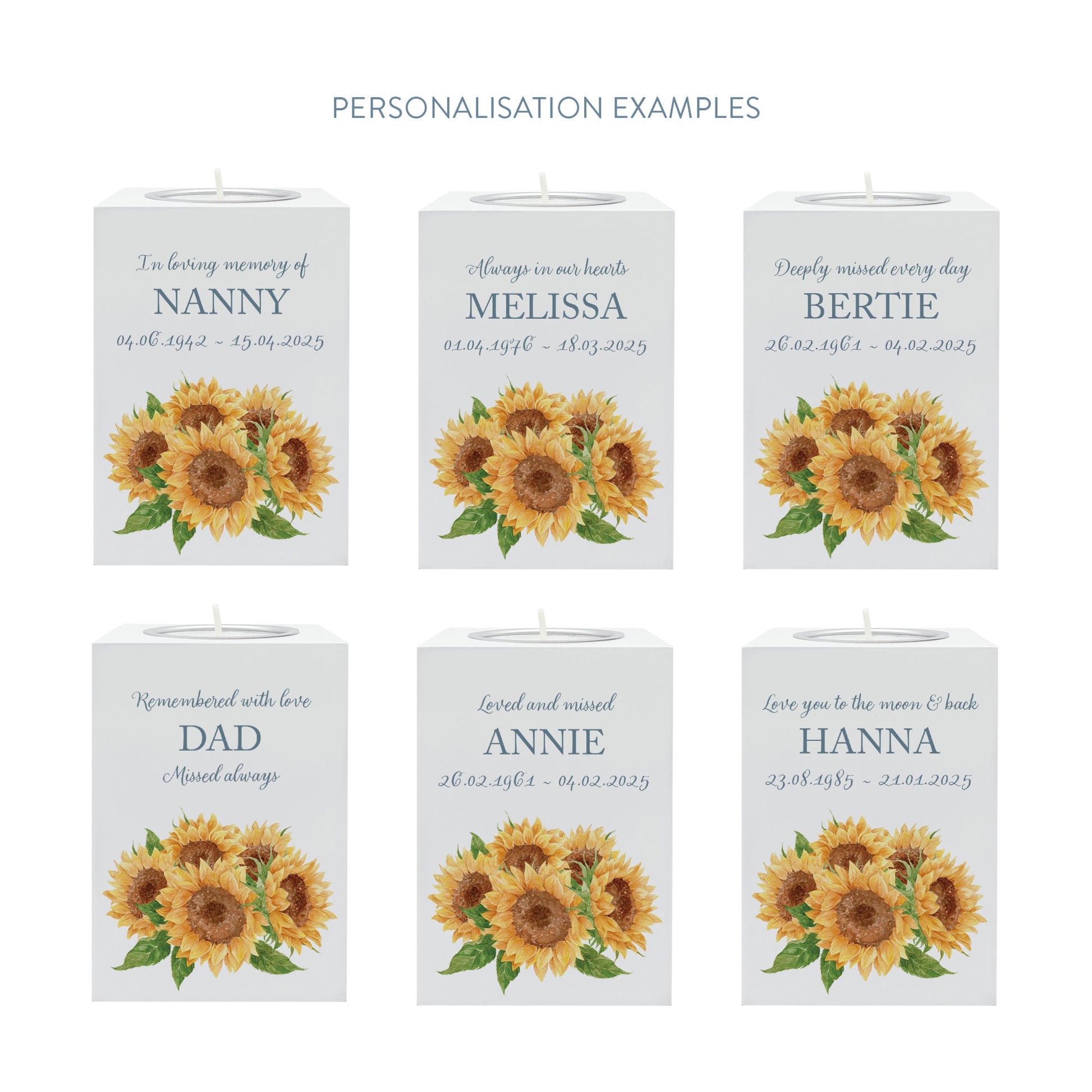 wooden cuboid luxury tealight holder with gorgeous personalised options . Each product is lovingly designed, handmade with our Countryside inspired watercolour designs. This design features a Sunflowers,  unique designs to remember a loved on, great for memorial occasions