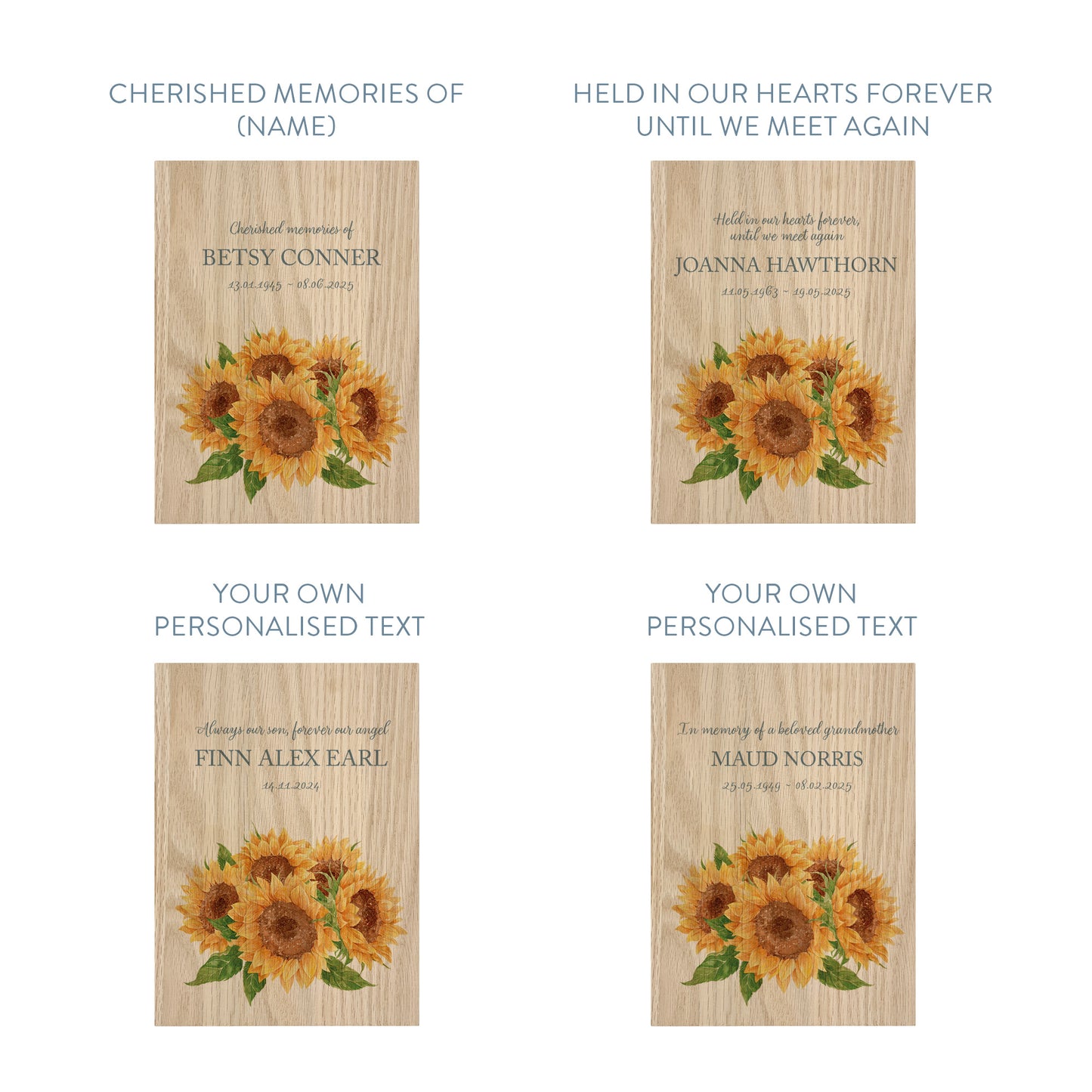 Memorial Solid Oak Photo Frame, personalise with your own message or select from our drop down selection. handmade watercolour paintings, this design features a bunch of sunflowers