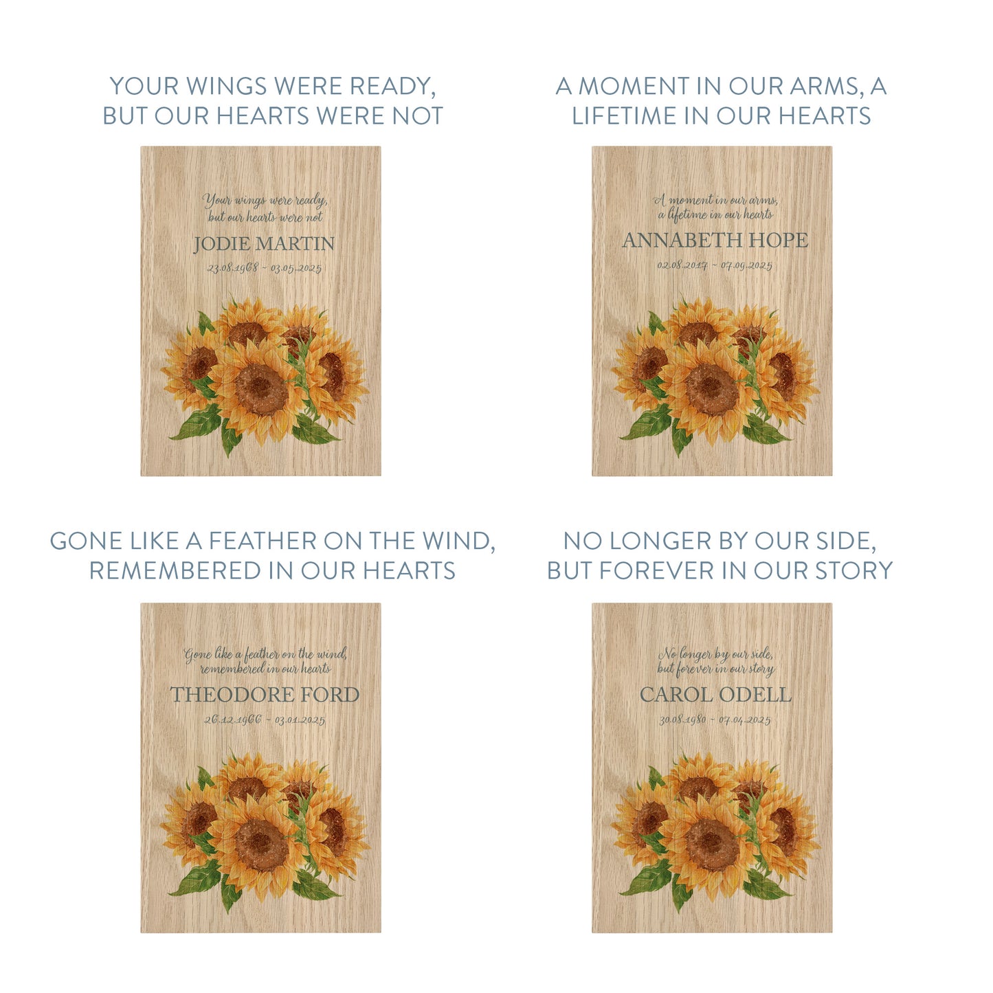 Memorial Solid Oak Photo Frame, personalise with your own message or select from our drop down selection. handmade watercolour paintings, this design features a bunch of sunflowers