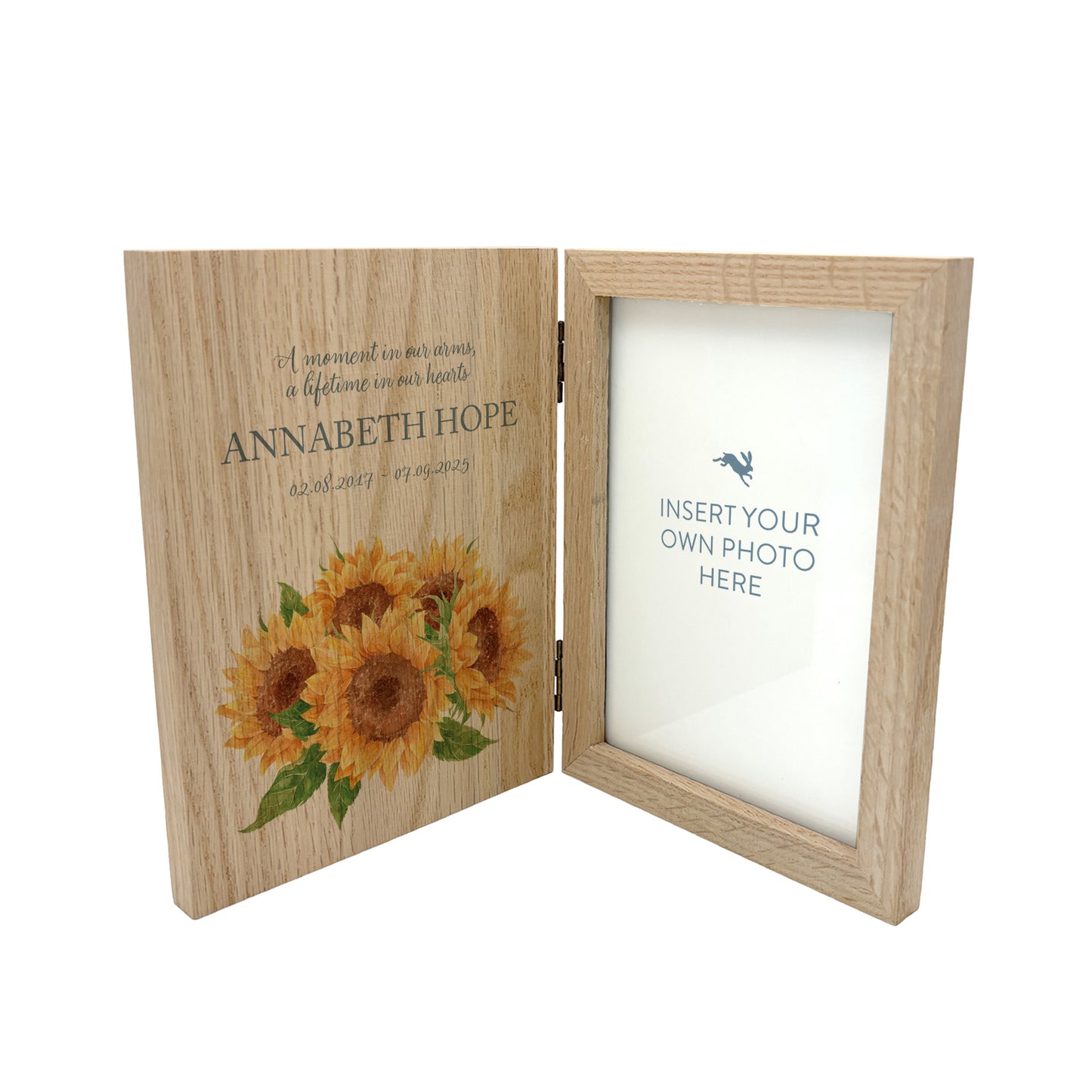 Memorial Solid Oak Photo Frame, personalise with your own message or select from our drop down selection. handmade watercolour paintings, this design features a bunch of sunflowers