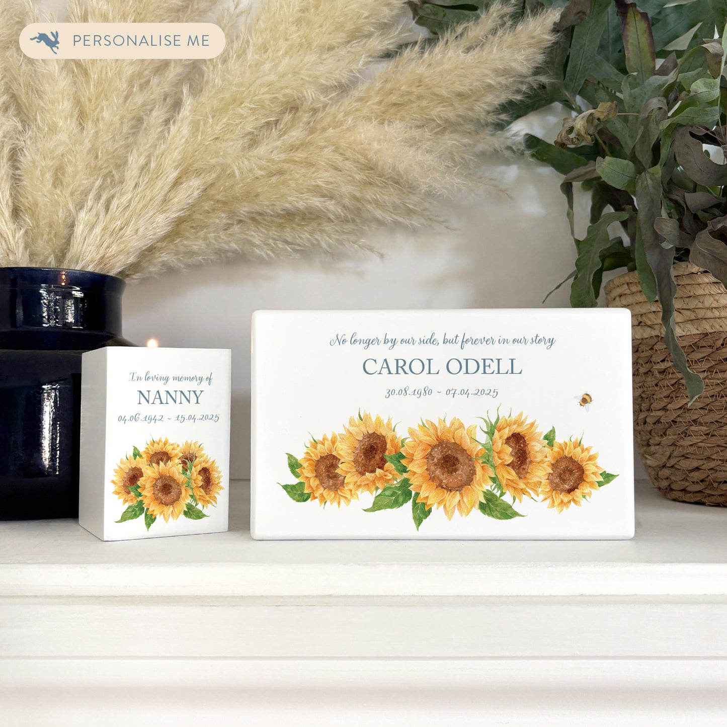 Luxury solid wooden white painted Urn with Sunflowers, a watercolour illustration, our urns and Caskets for displaying or burying ashes. Customisable and can be personalised. Perfect funeral memory keepsake urn, for storing ashes for humans and pets.