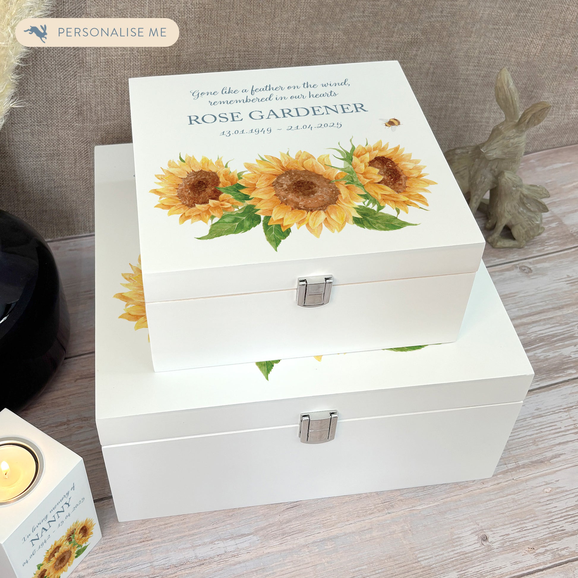 White Square personalised Wooden box with a decorative lid featuring illustrations of Sunflowers and a buzzy bee Perfect funeral memory keepsake box, for storing ashes, order of service, flowers and capturing your loved ones things in one place.