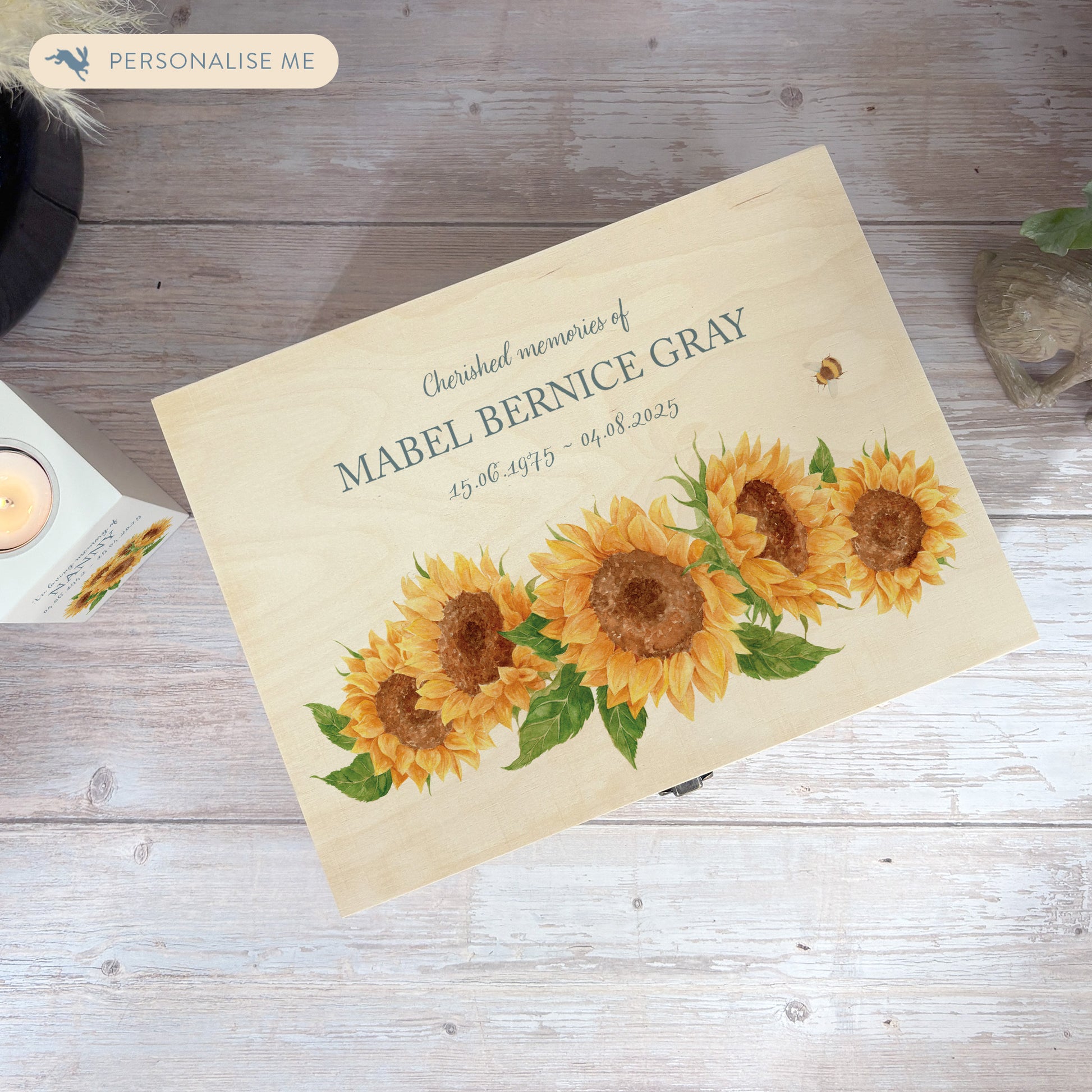 Wooden box with a decorative lid featuring illustrations sunflowers and a bee. Perfect funeral memory keepsake box, for storing ashes, order of service, flowers, Funeral Box