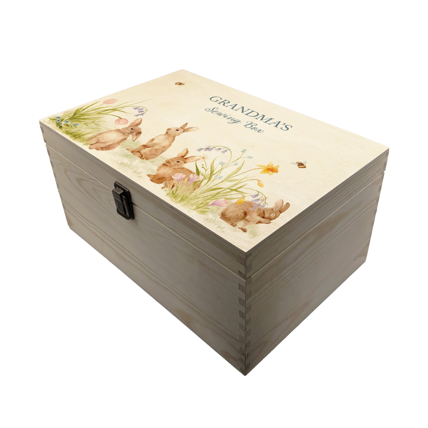 Large wooden pine gift box, The perfect Personalised keepsake, memory box, storage box with lots of Bunnies having fun in an array of colourful flowers in a classic gentle watercolour style.