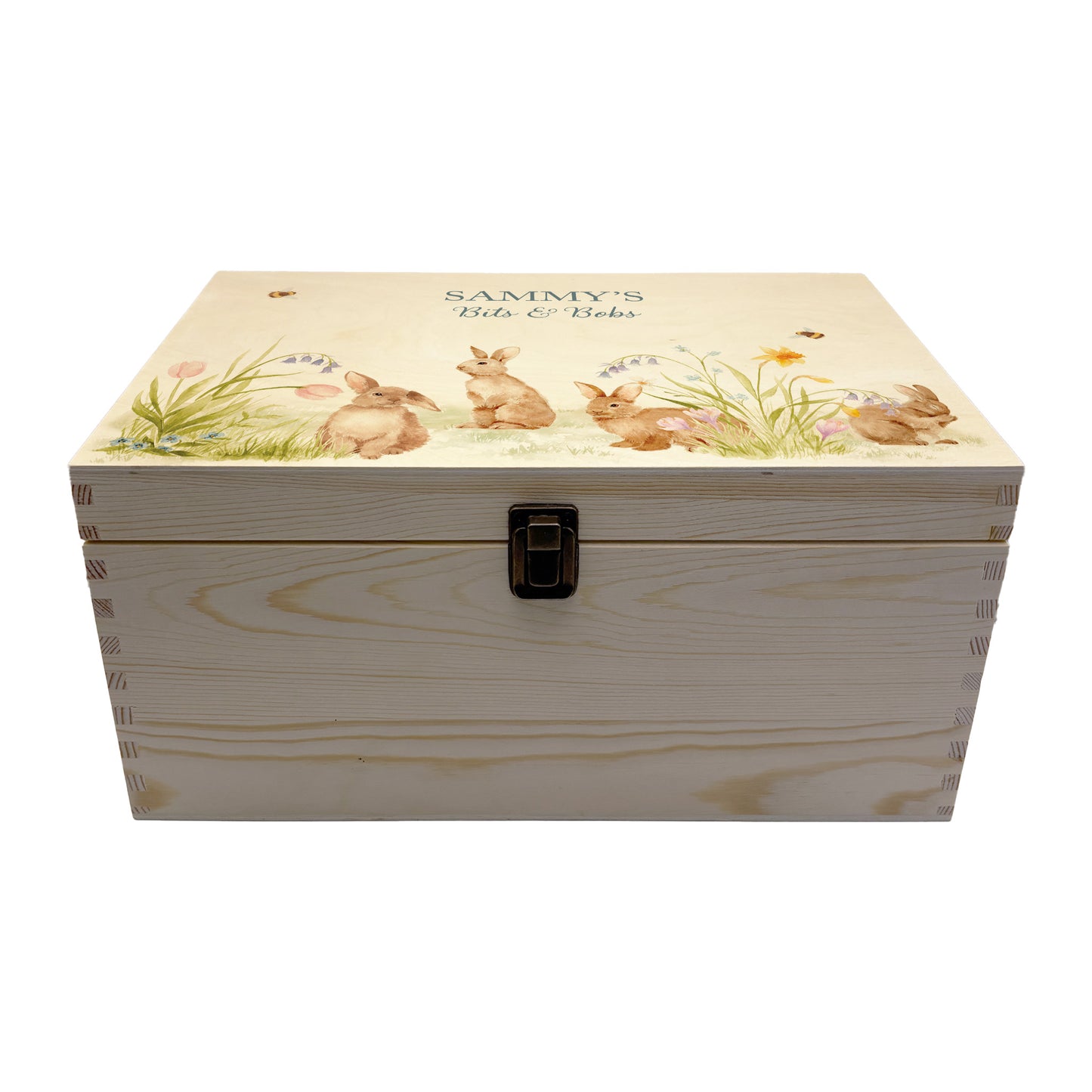 Large wooden pine gift box, The perfect Personalised keepsake, memory box, storage box with lots of Bunnies having fun in an array of colourful flowers in a classic gentle watercolour style.