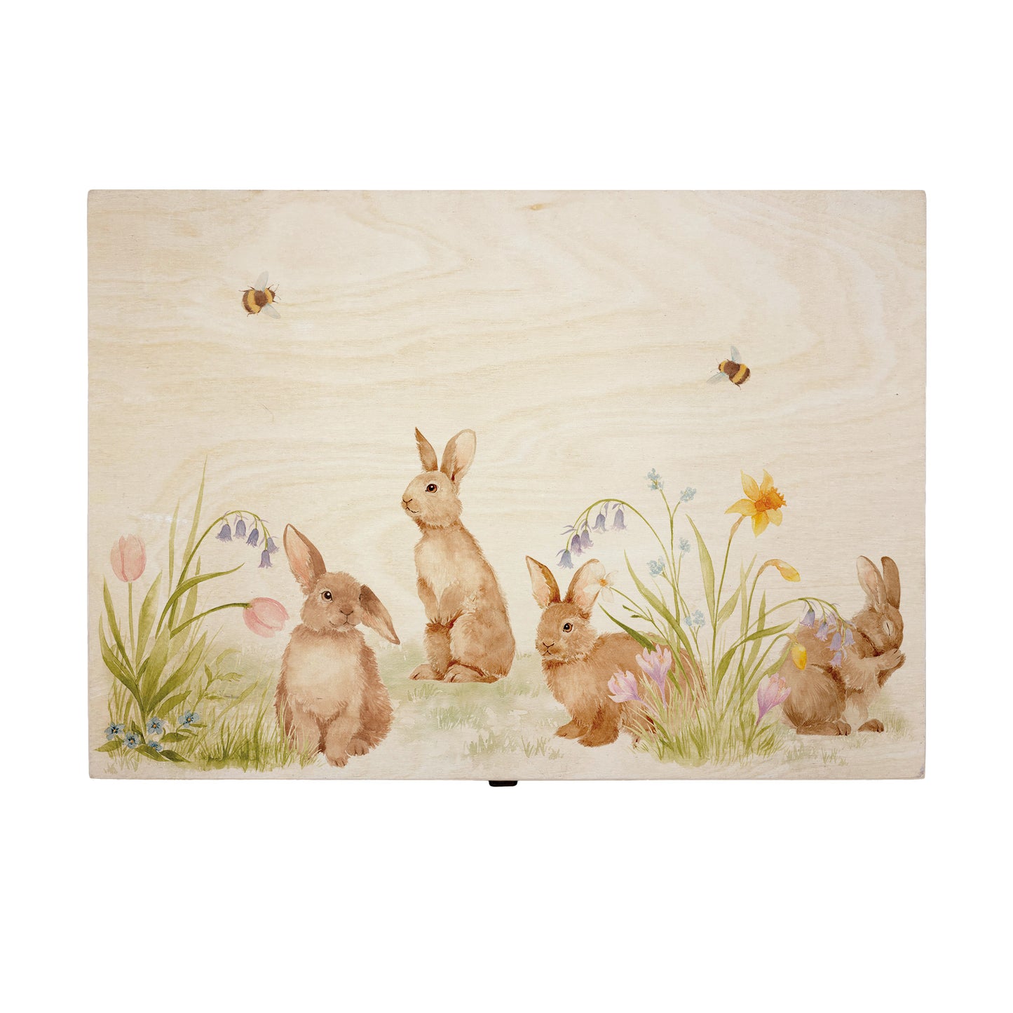 Large wooden pine gift box, The perfect Personalised keepsake, memory box, storage box with lots of Bunnies having fun in an array of colourful flowers in a classic gentle watercolour style.