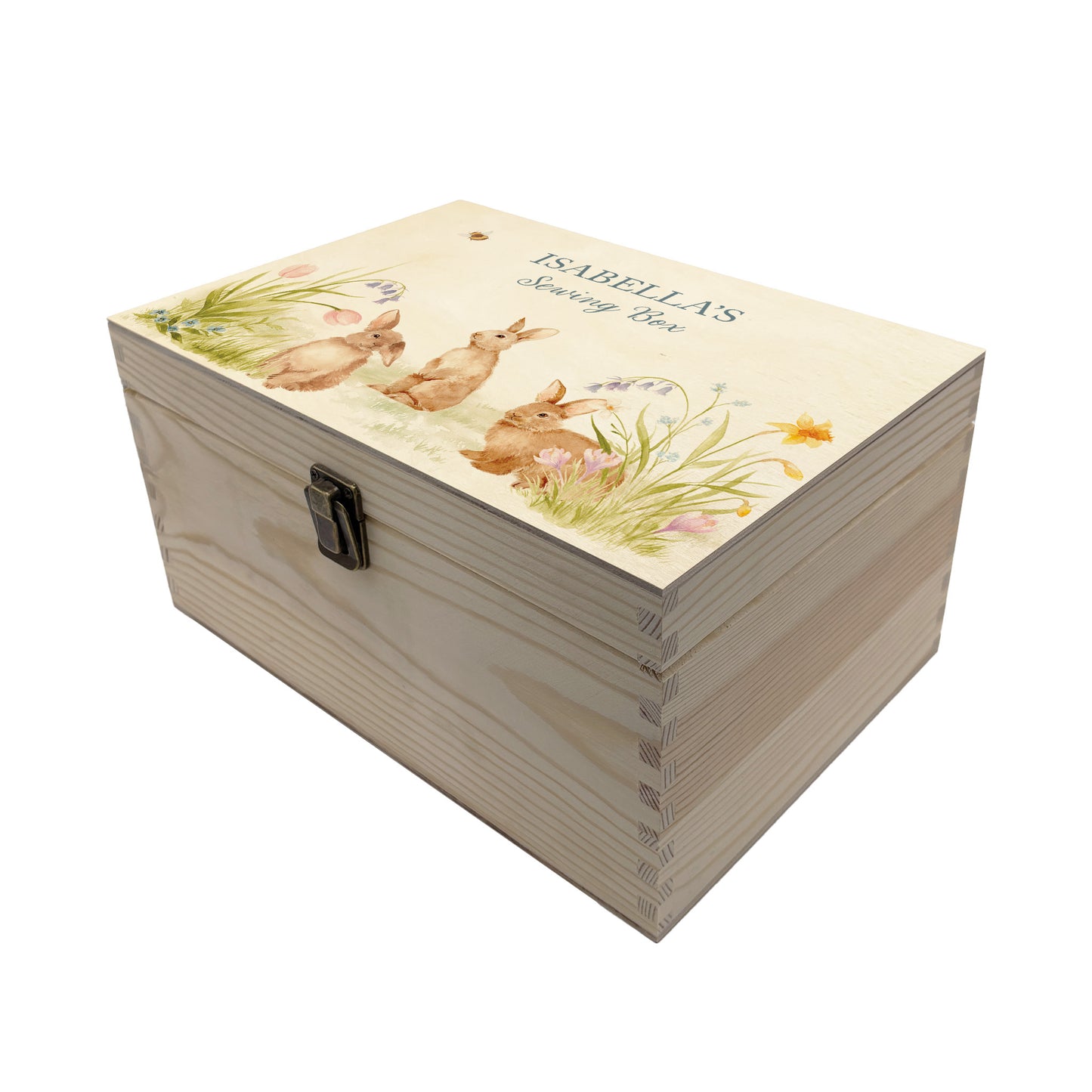 Medium wooden pine gift box, The perfect Personalised keepsake, memory box, storage box with lots of Bunnies having fun in an array of colourful flowers in a classic gentle watercolour style.