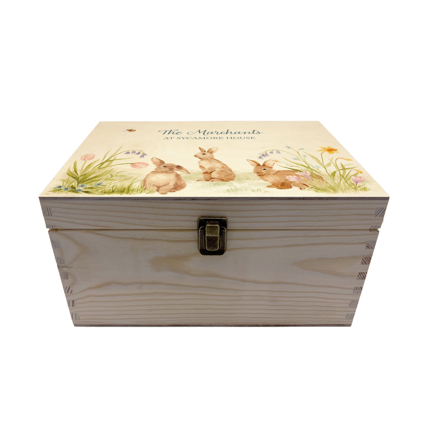 Medium wooden pine gift box, The perfect Personalised keepsake, memory box, storage box with lots of Bunnies having fun in an array of colourful flowers in a classic gentle watercolour style.