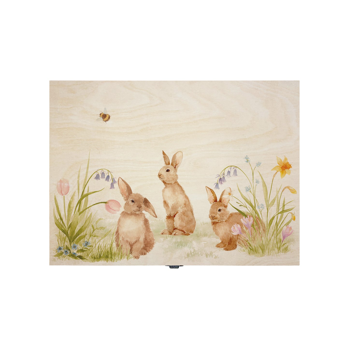 Medium wooden pine gift box, The perfect Personalised keepsake, memory box, storage box with lots of Bunnies having fun in an array of colourful flowers in a classic gentle watercolour style.