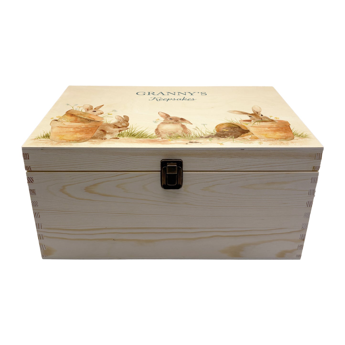 Large wooden pine gift box, The perfect Personalised keepsake, memory box, storage box with lots of Bunnies ain pots holding bunches of flowers in their mouths in a classic gentle watercolour style.