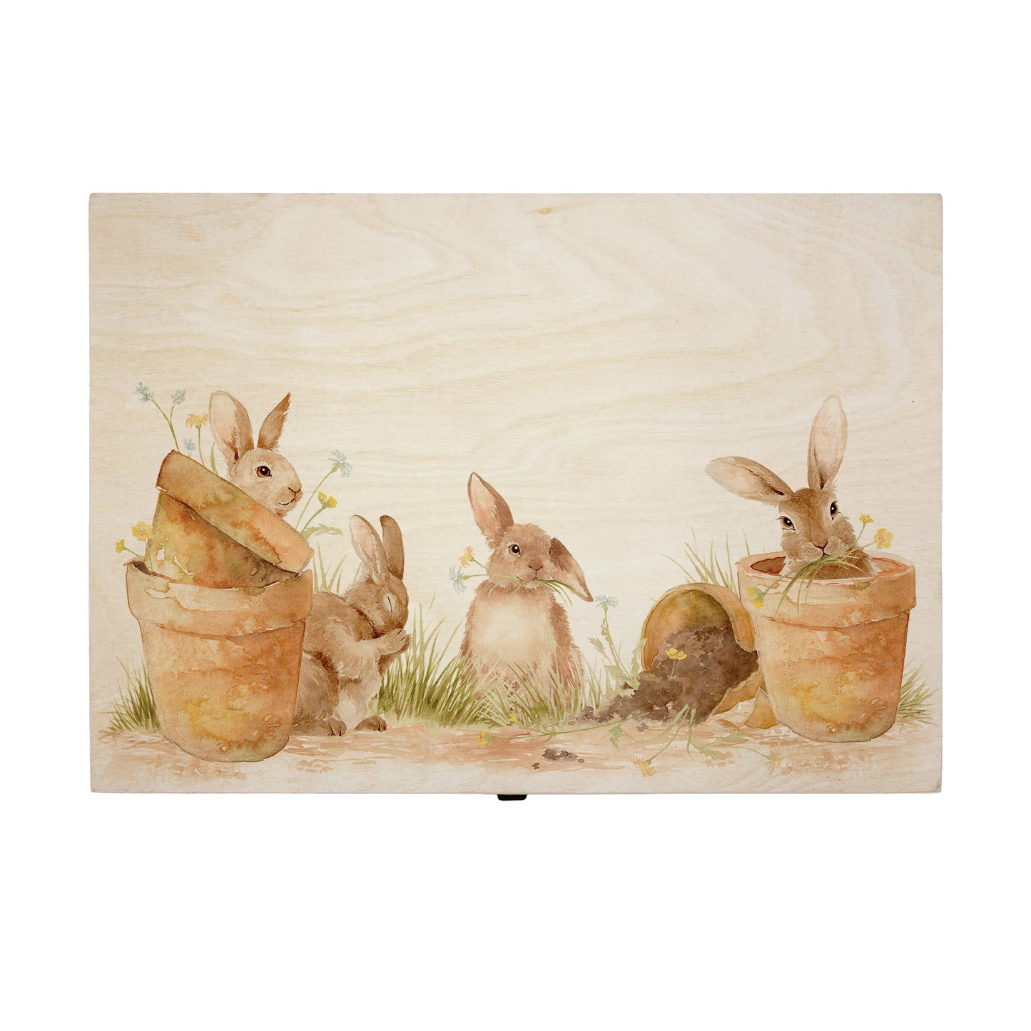 Large wooden pine gift box, The perfect Personalised keepsake, memory box, storage box with lots of Bunnies ain pots holding bunches of flowers in their mouths in a classic gentle watercolour style.