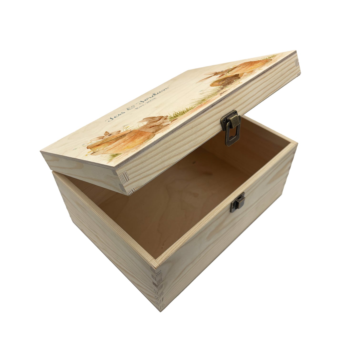 Medium wooden pine gift box, The perfect Personalised keepsake, memory box, storage box with lots of Bunnies ain pots holding bunches of flowers in their mouths in a classic gentle watercolour style.