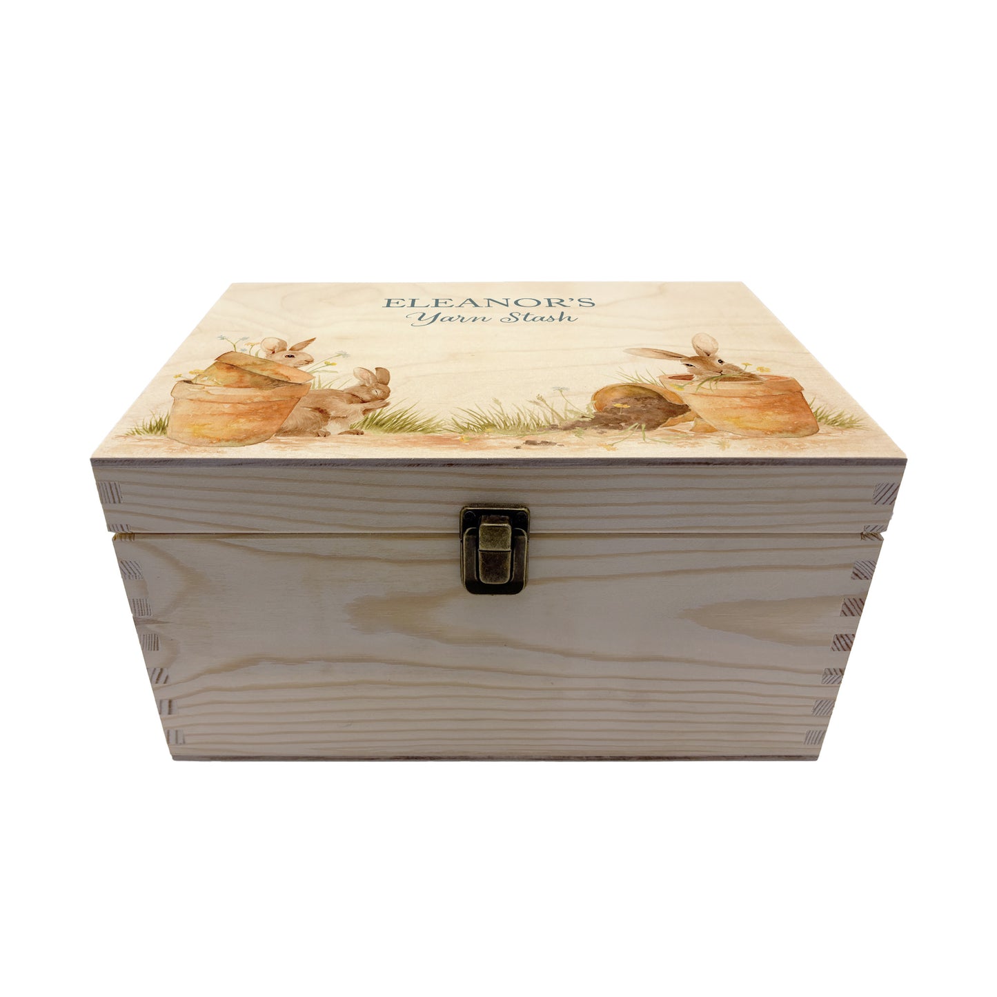 Medium wooden pine gift box, The perfect Personalised keepsake, memory box, storage box with lots of Bunnies ain pots holding bunches of flowers in their mouths in a classic gentle watercolour style.