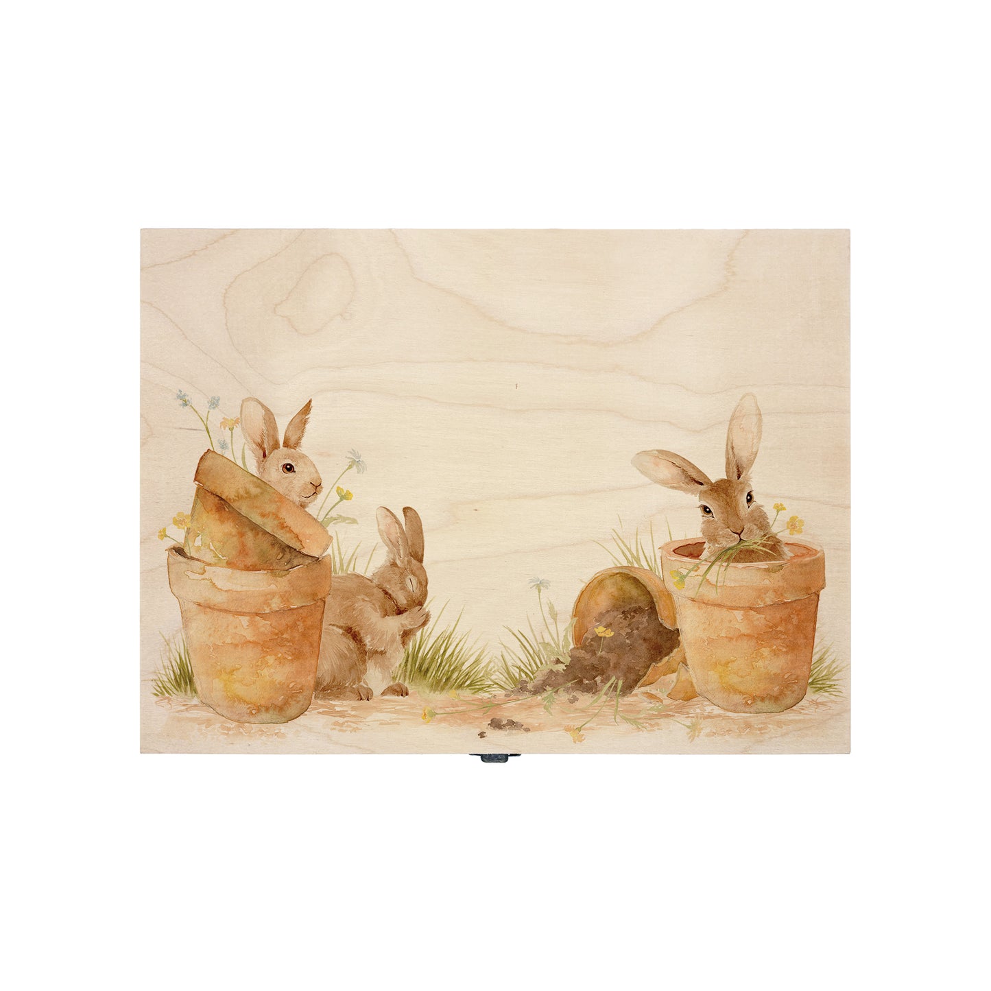 Medium wooden pine gift box, The perfect Personalised keepsake, memory box, storage box with lots of Bunnies ain pots holding bunches of flowers in their mouths in a classic gentle watercolour style.