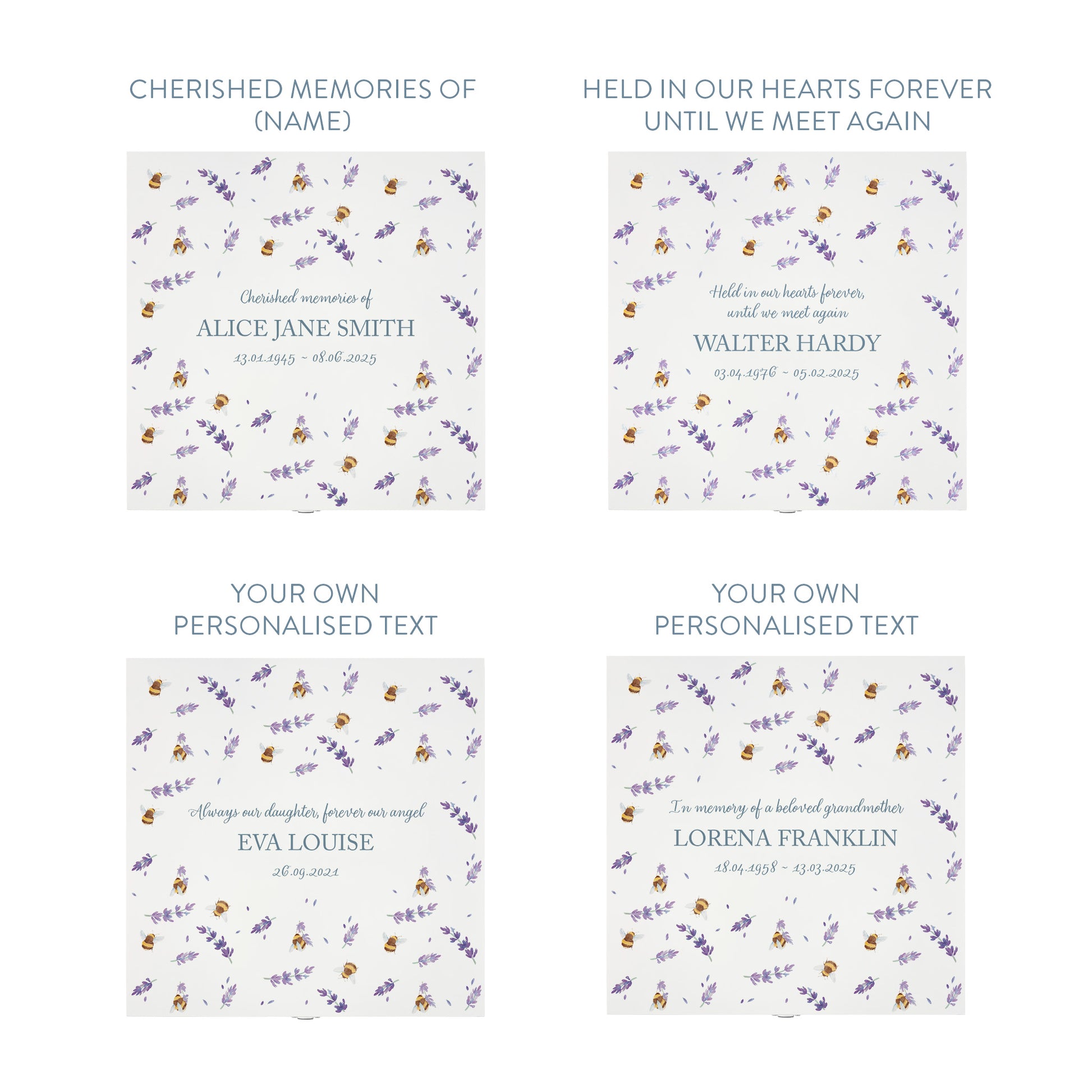 White Square personalised Wooden box with a decorative lid featuring illustrations of Busy Bees in Lavender bee Perfect funeral memory keepsake box, for storing ashes, order of service, flowers and capturing your loved ones things in one place.