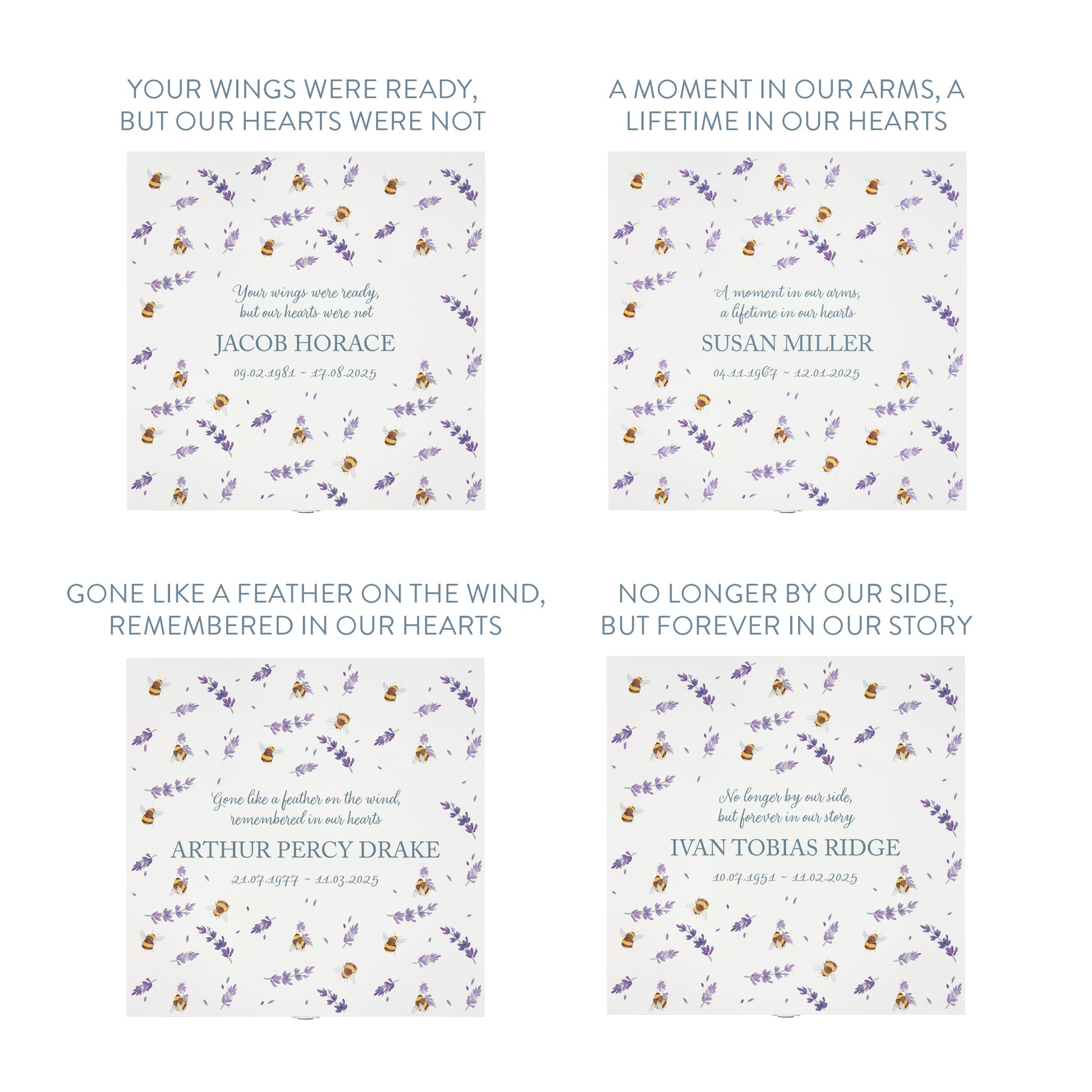 White Square personalised Wooden box with a decorative lid featuring illustrations of Busy Bees in Lavender bee Perfect funeral memory keepsake box, for storing ashes, order of service, flowers and capturing your loved ones things in one place.