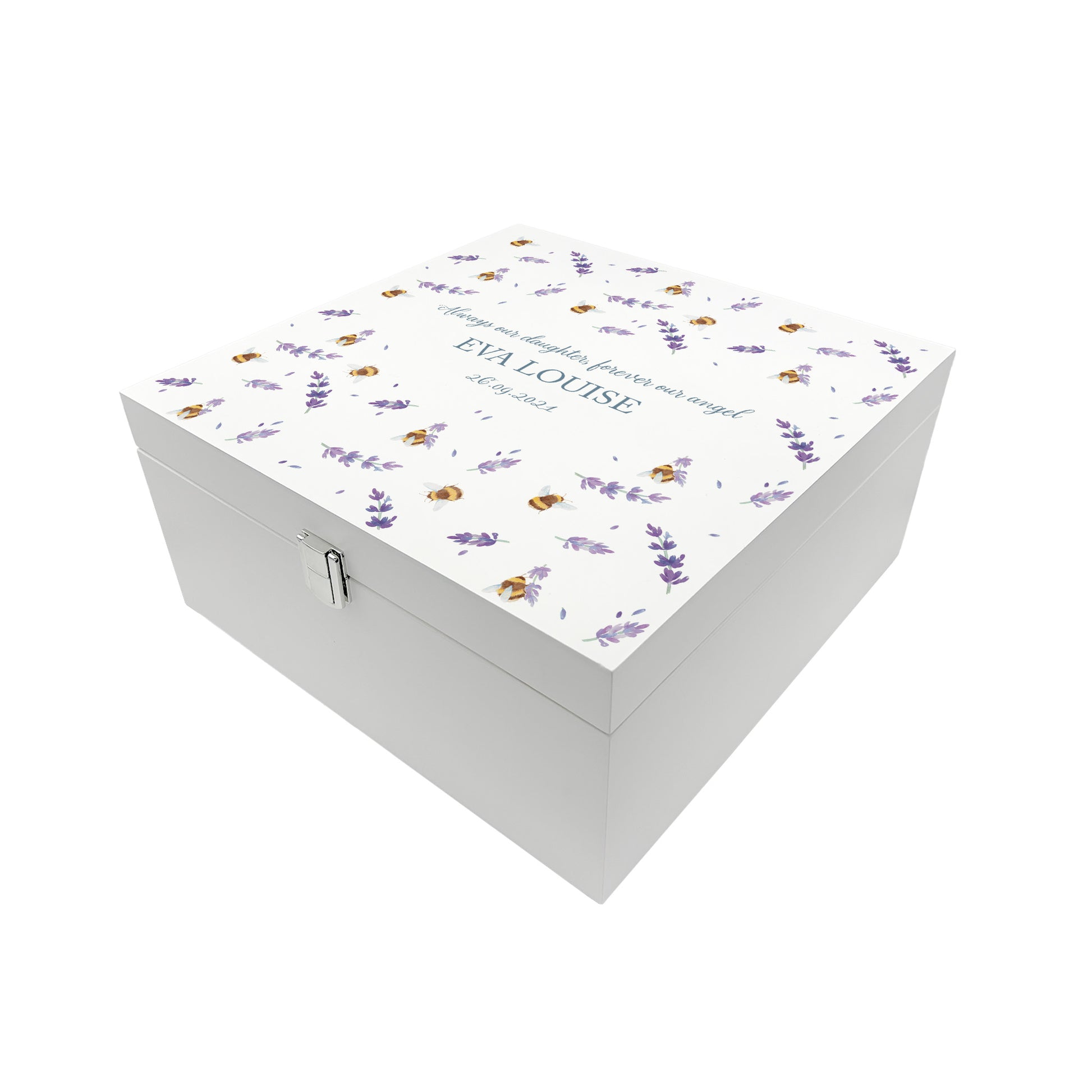 White Square personalised Wooden box with a decorative lid featuring illustrations of Busy Bees in Lavender bee Perfect funeral memory keepsake box, for storing ashes, order of service, flowers and capturing your loved ones things in one place.
