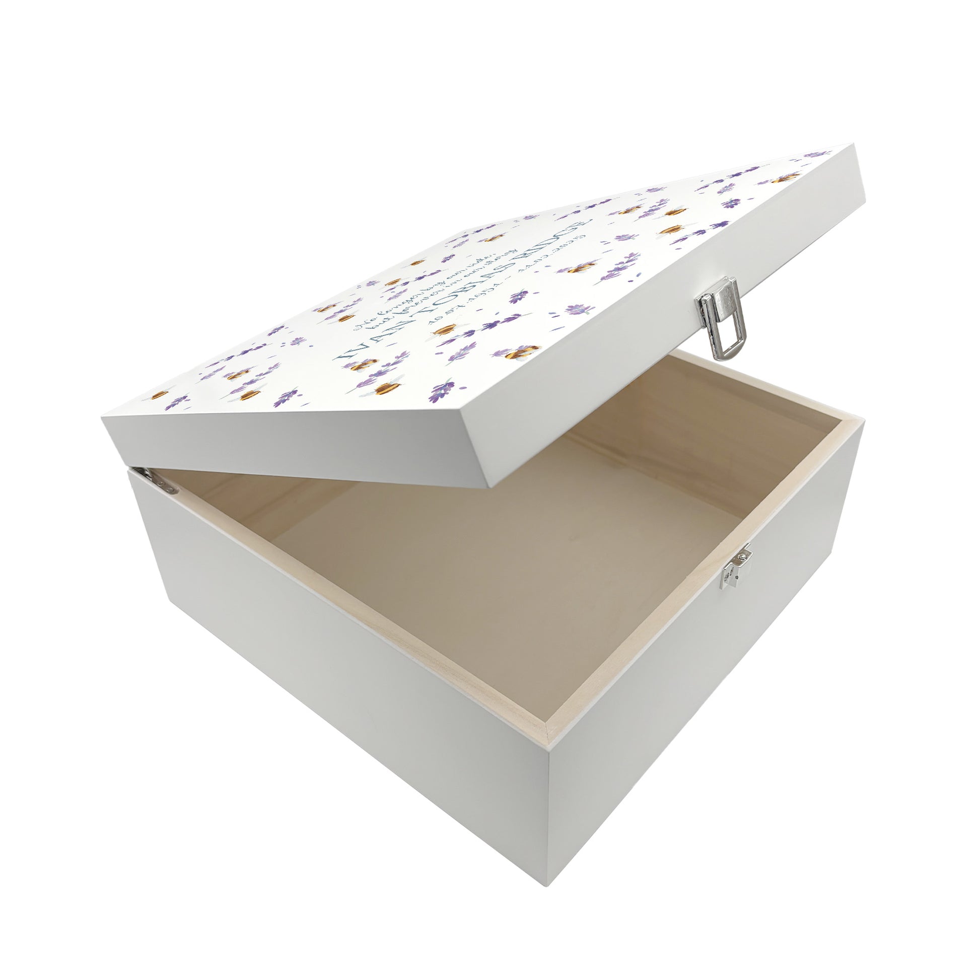 White Square personalised Wooden box with a decorative lid featuring illustrations of Busy Bees in Lavender bee Perfect funeral memory keepsake box, for storing ashes, order of service, flowers and capturing your loved ones things in one place.