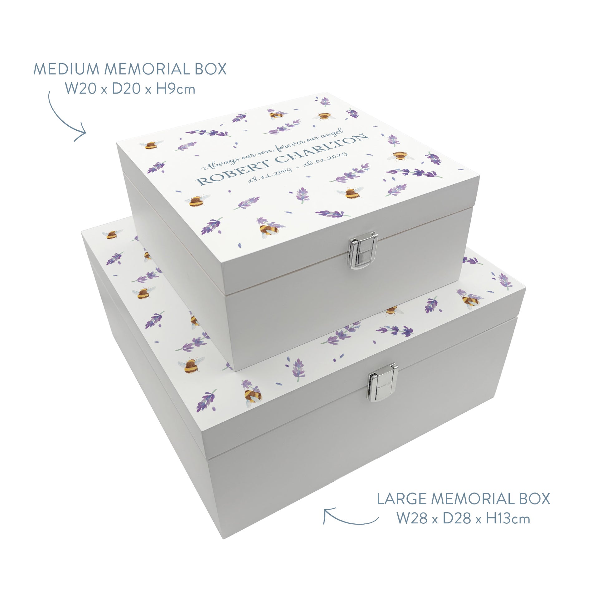 White Square personalised Wooden box with a decorative lid featuring illustrations of Busy Bees in Lavender bee Perfect funeral memory keepsake box, for storing ashes, order of service, flowers and capturing your loved ones things in one place.