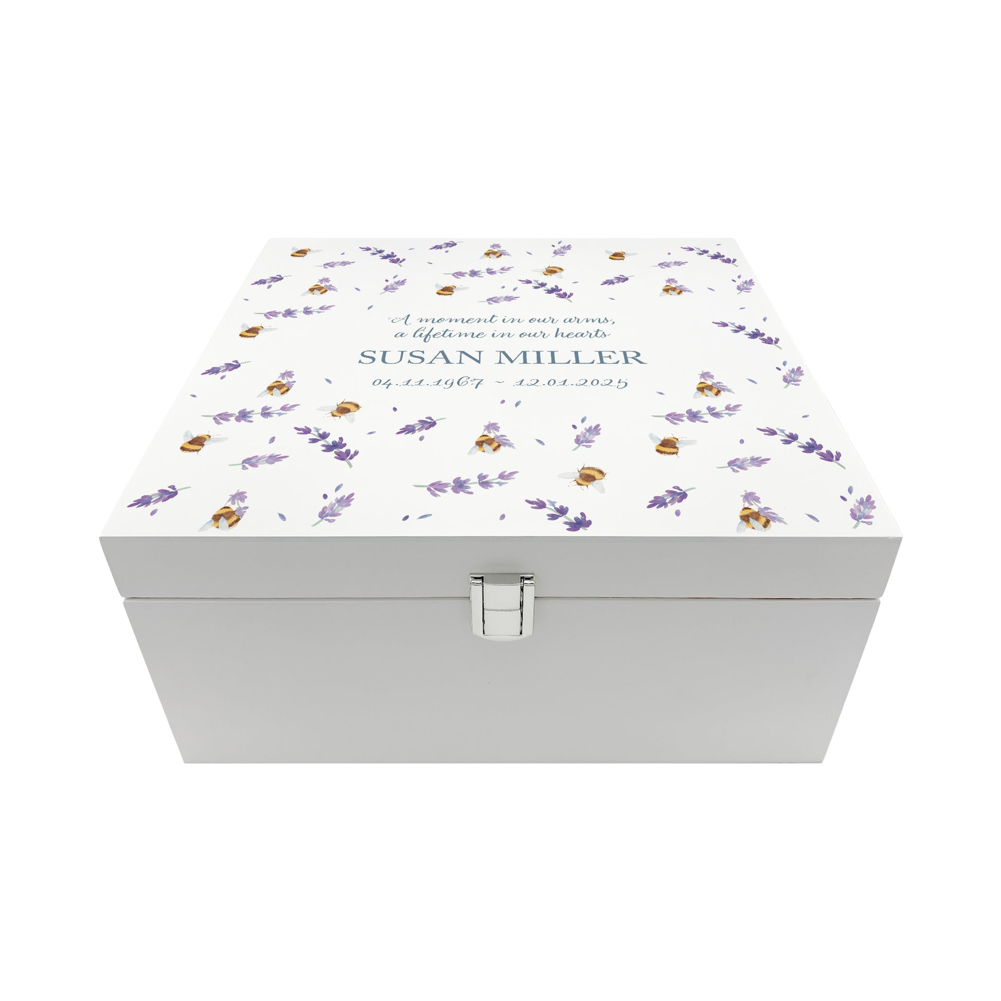 White Square personalised Wooden box with a decorative lid featuring illustrations of Busy Bees in Lavender bee Perfect funeral memory keepsake box, for storing ashes, order of service, flowers and capturing your loved ones things in one place.