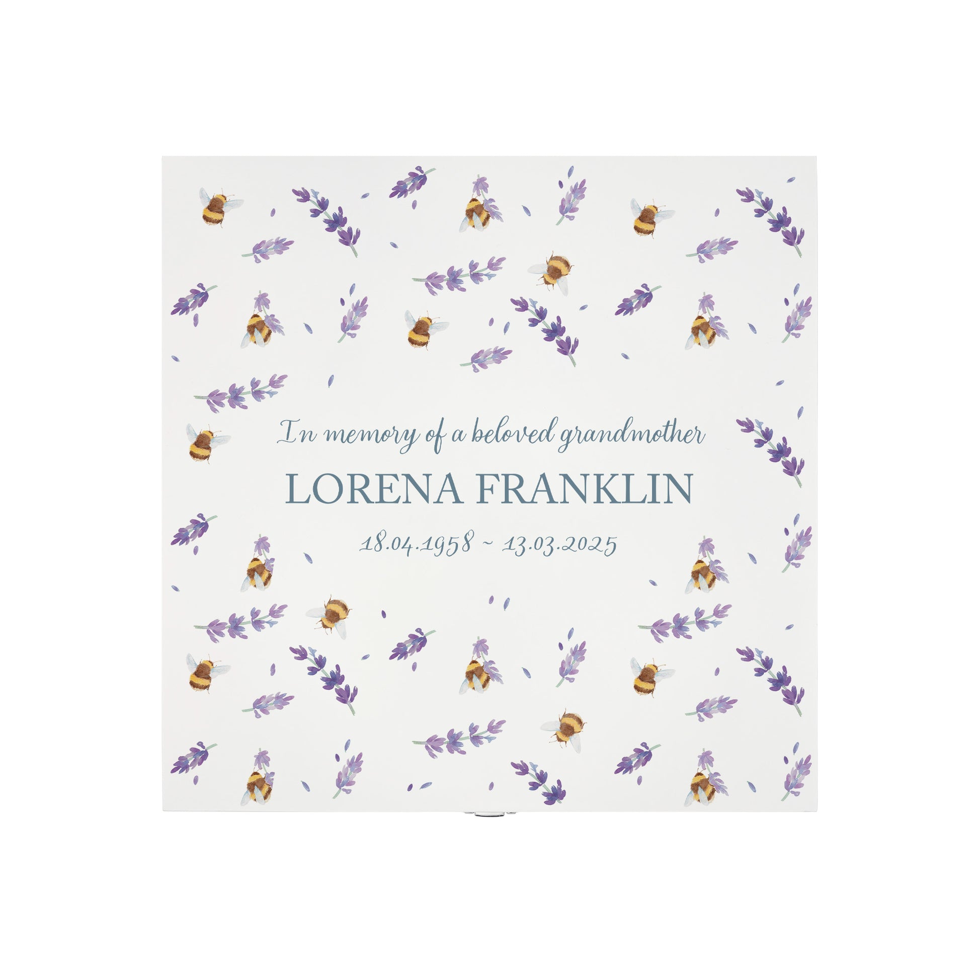 White Square personalised Wooden box with a decorative lid featuring illustrations of Busy Bees in Lavender bee Perfect funeral memory keepsake box, for storing ashes, order of service, flowers and capturing your loved ones things in one place.