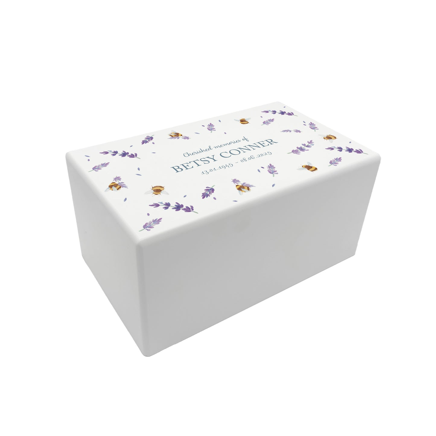 Luxury solid wooden white painted Urn with Busy Bees with lavender. watercolour illustration, our urns and Caskets for displaying or burying ashes. Customisable and can be personalised. Perfect funeral memory keepsake urn, for storing ashes for humans and pets.