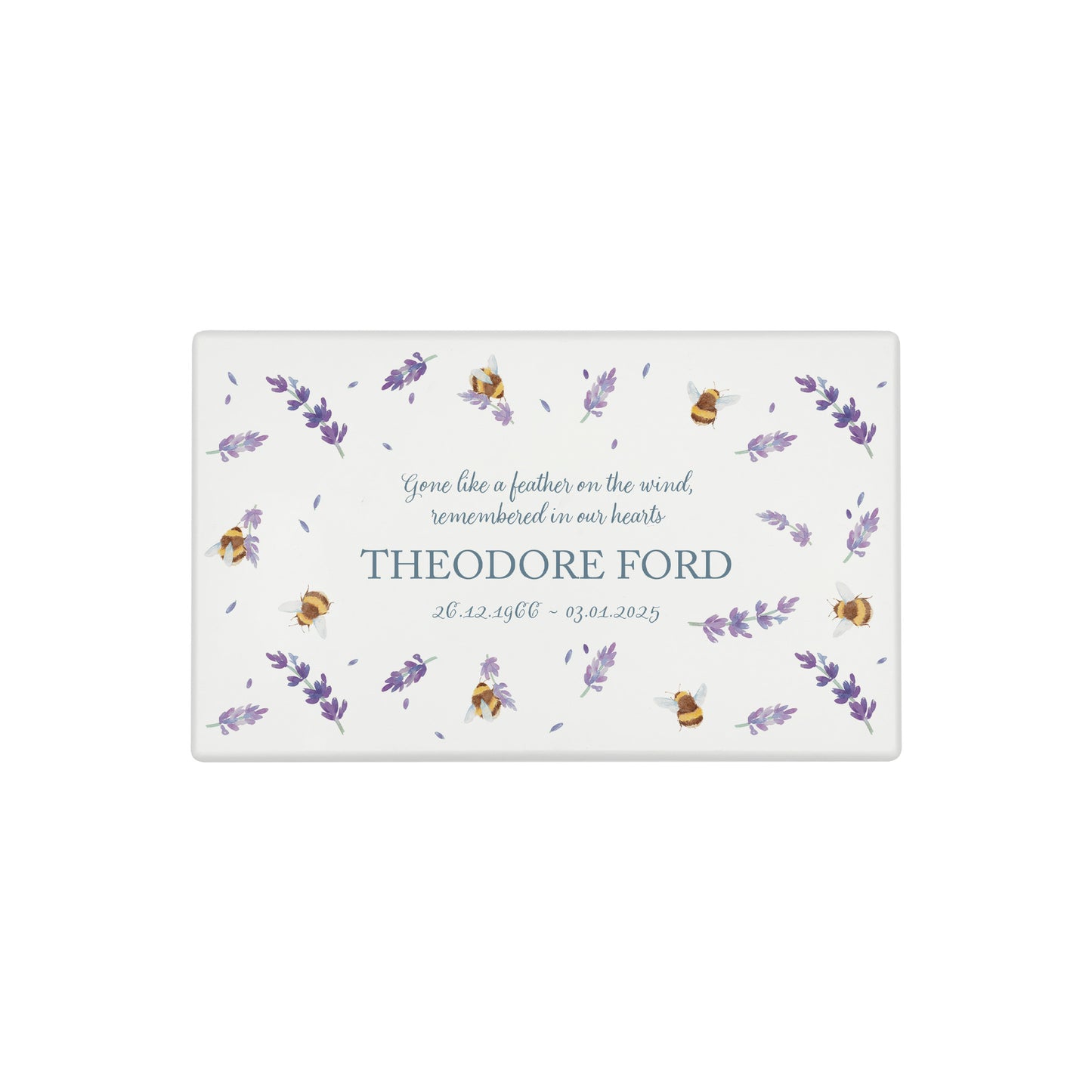 Luxury solid wooden white painted Urn with Busy Bees with lavender. watercolour illustration, our urns and Caskets for displaying or burying ashes. Customisable and can be personalised. Perfect funeral memory keepsake urn, for storing ashes for humans and pets.