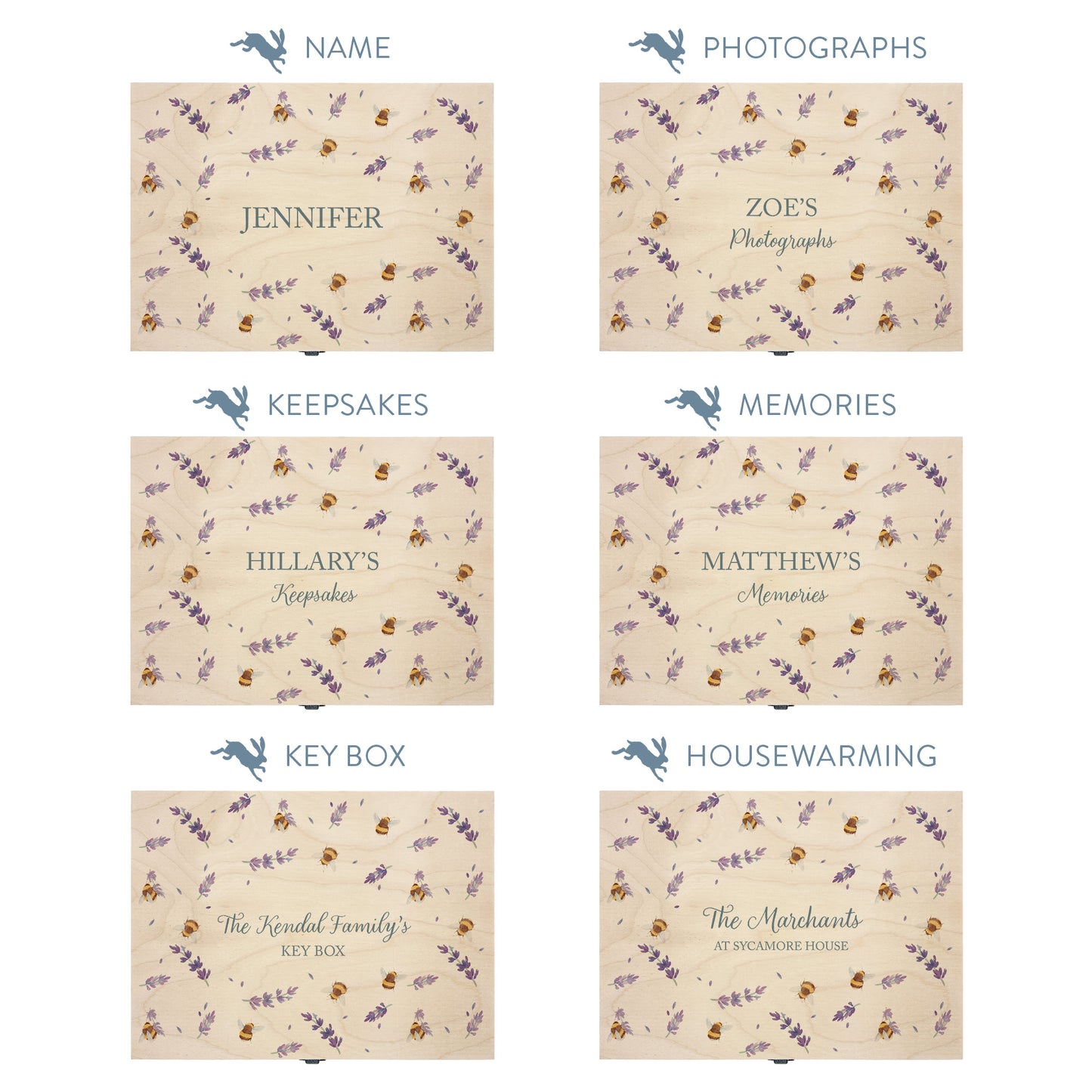 This shows our beautiful medium wooden gift box with the various personalisation options you can choose to offer a truly customised present for a loved one. Couples names, memory boxes, keepsakes, photo storage, key boxes the uses are endless.