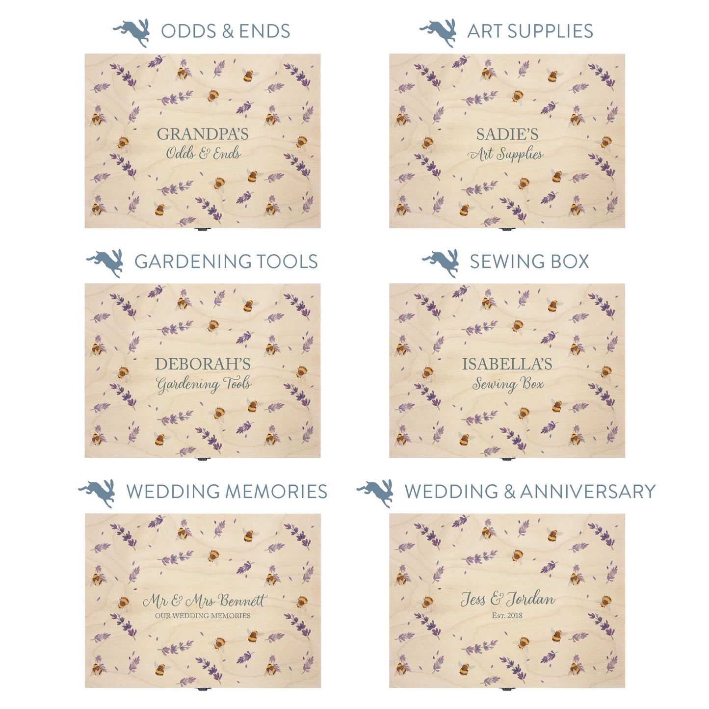 This shows our beautiful medium wooden gift box with the various personalisation options you can choose to offer a truly customised present for a loved one. Couples names, memory boxes, keepsakes, photo storage, key boxes the uses are endless.