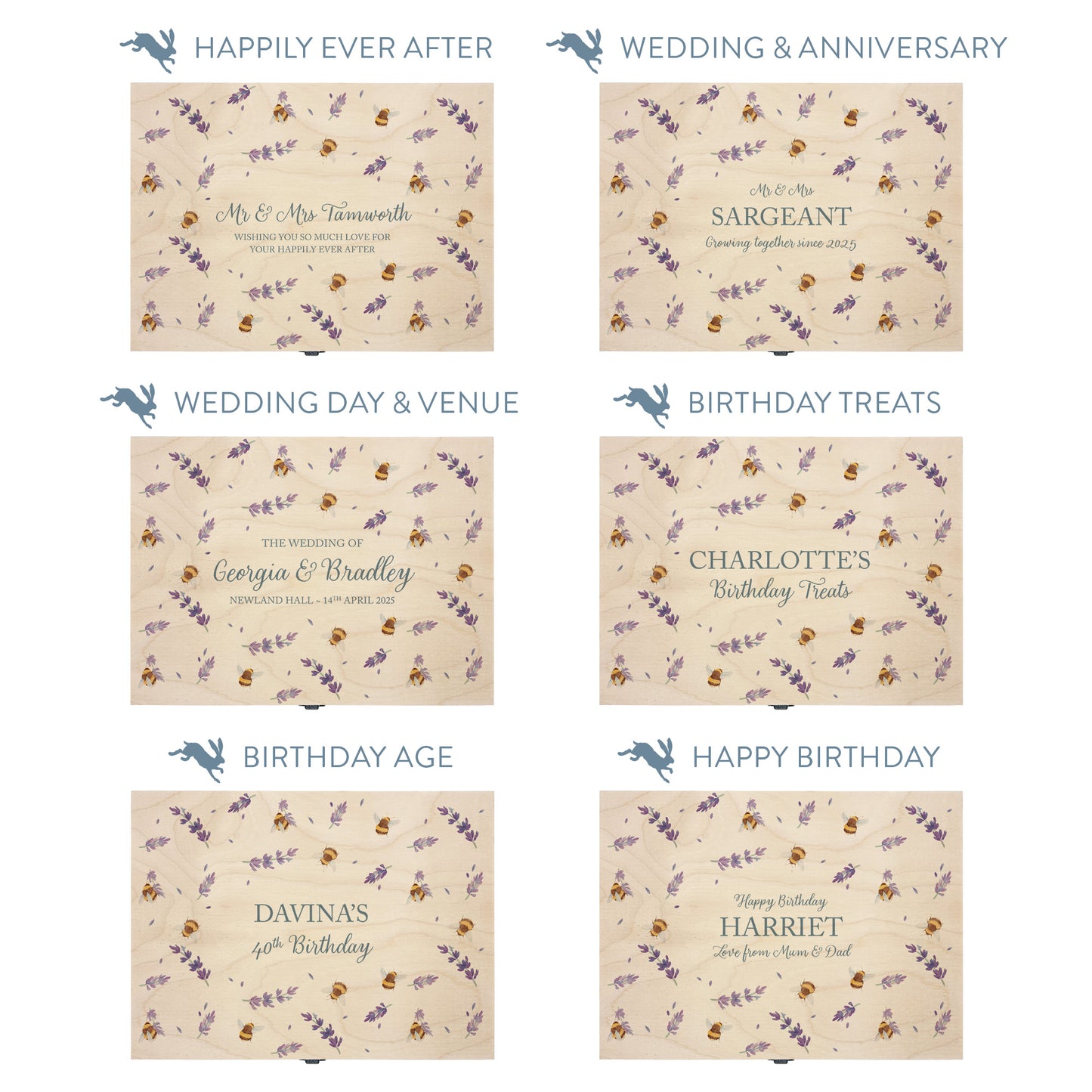 This shows our beautiful medium wooden gift box with the various personalisation options you can choose to offer a truly customised present for a loved one. Couples names, memory boxes, keepsakes, photo storage, key boxes the uses are endless.