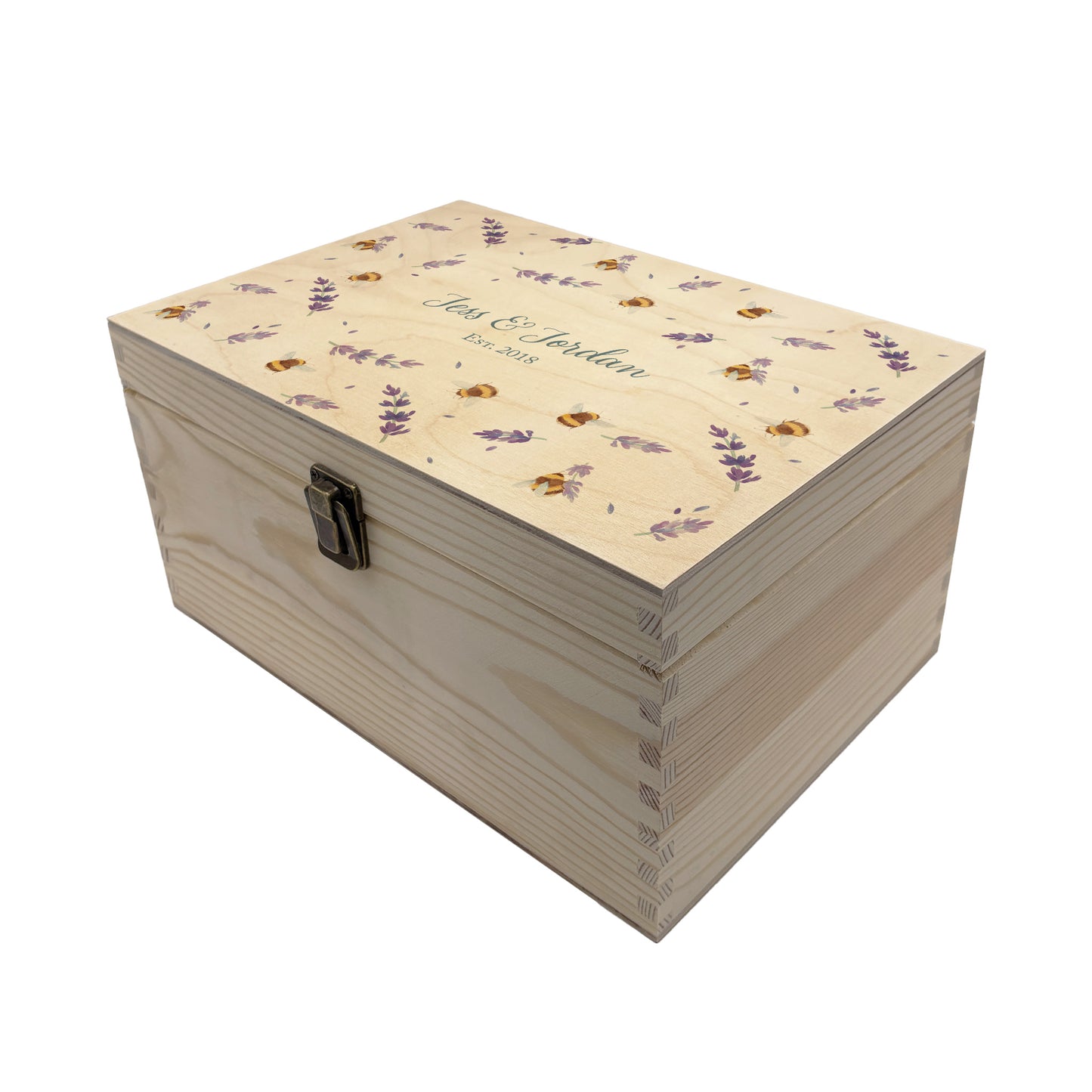 Medium wooden pine gift box, The perfect Personalised keepsake, memory box, storage box with a gentle watercolour Lavender and Bees