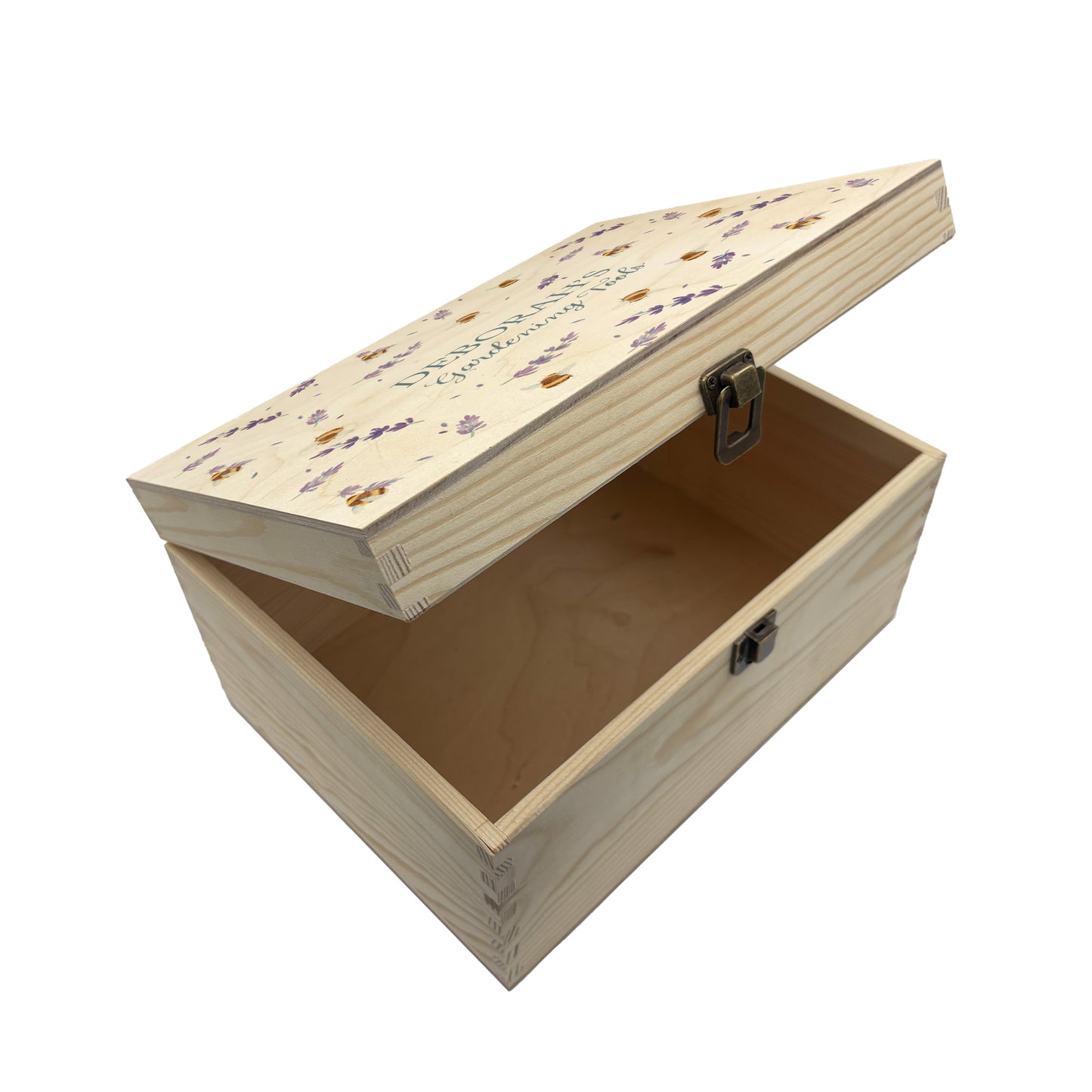 Medium wooden pine gift box, The perfect Personalised keepsake, memory box, storage box with a gentle watercolour Lavender and Bees