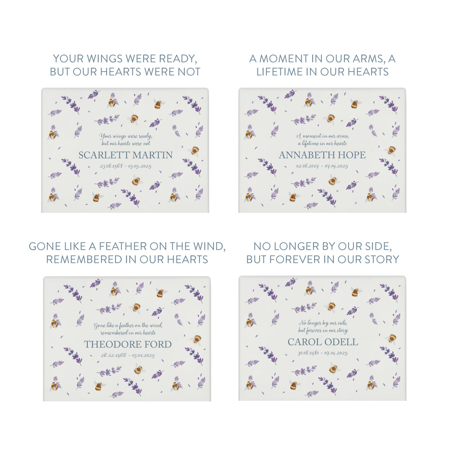 Luxury solid wooden white painted Buzzy Bees and lavender watercolour illustration our urns and Caskets for displaying or burying ashes. Customisable and can be personalised. Perfect funeral memory keepsake urn, for storing ashes for humans and pets.