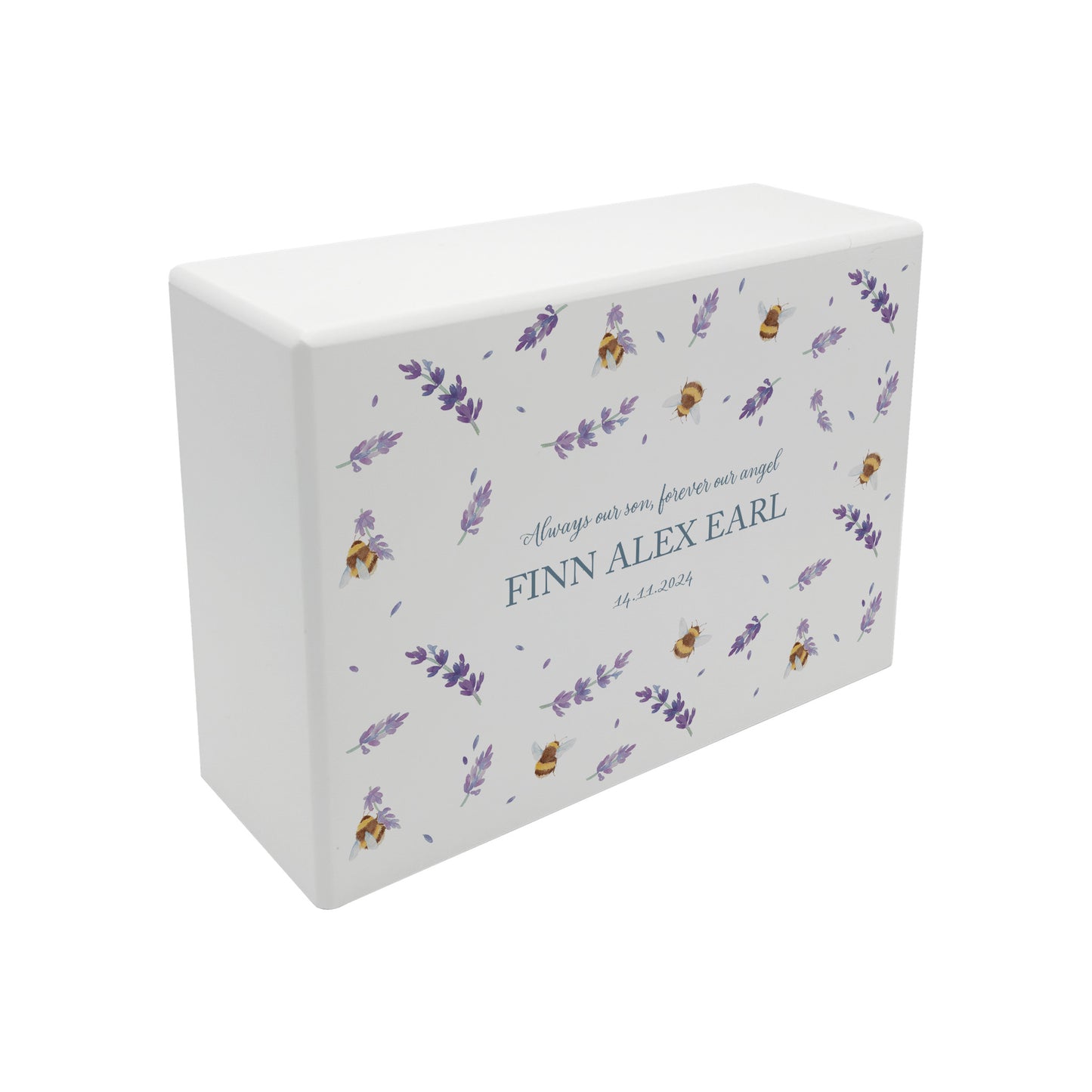 Luxury solid wooden white painted Buzzy Bees and lavender watercolour illustration our urns and Caskets for displaying or burying ashes. Customisable and can be personalised. Perfect funeral memory keepsake urn, for storing ashes for humans and pets.