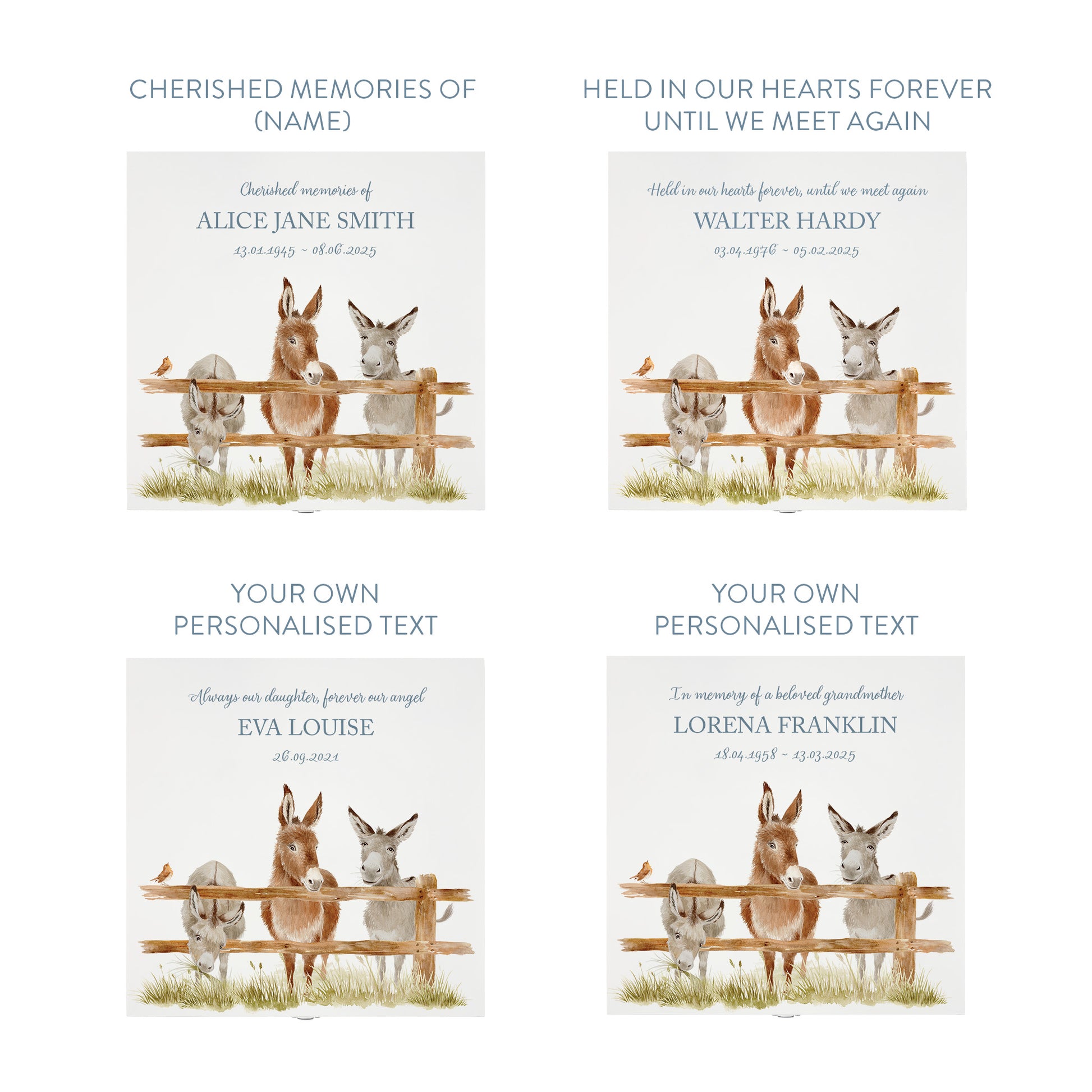 White Square personalised Wooden box with a decorative lid featuring illustrations of Donkeys and a little Robin lined up along a fence line. Perfect funeral memory keepsake box, for storing ashes, order of service, flowers and capturing your loved ones things in one place