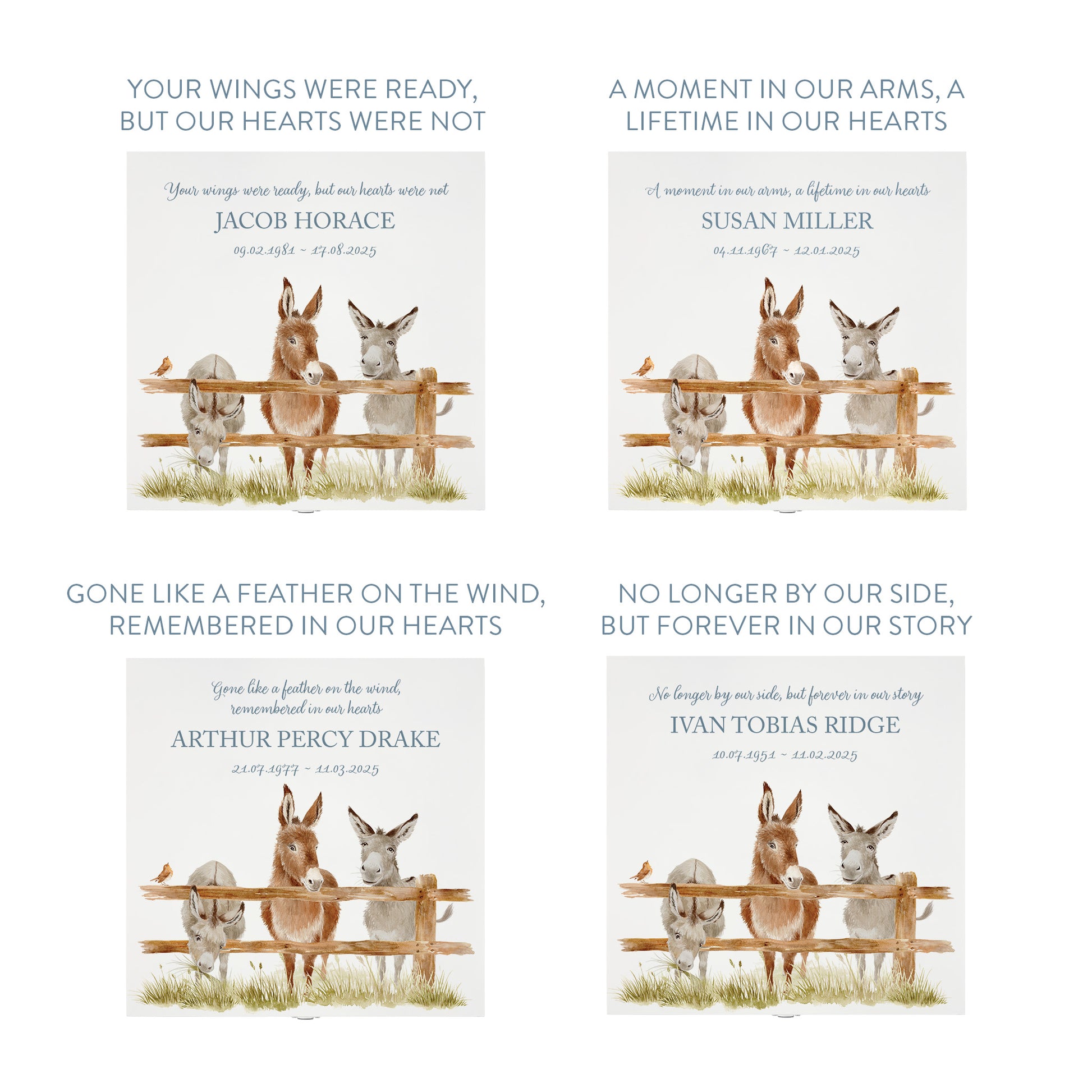 White Square personalised Wooden box with a decorative lid featuring illustrations of Donkeys and a little Robin lined up along a fence line. Perfect funeral memory keepsake box, for storing ashes, order of service, flowers and capturing your loved ones things in one place
