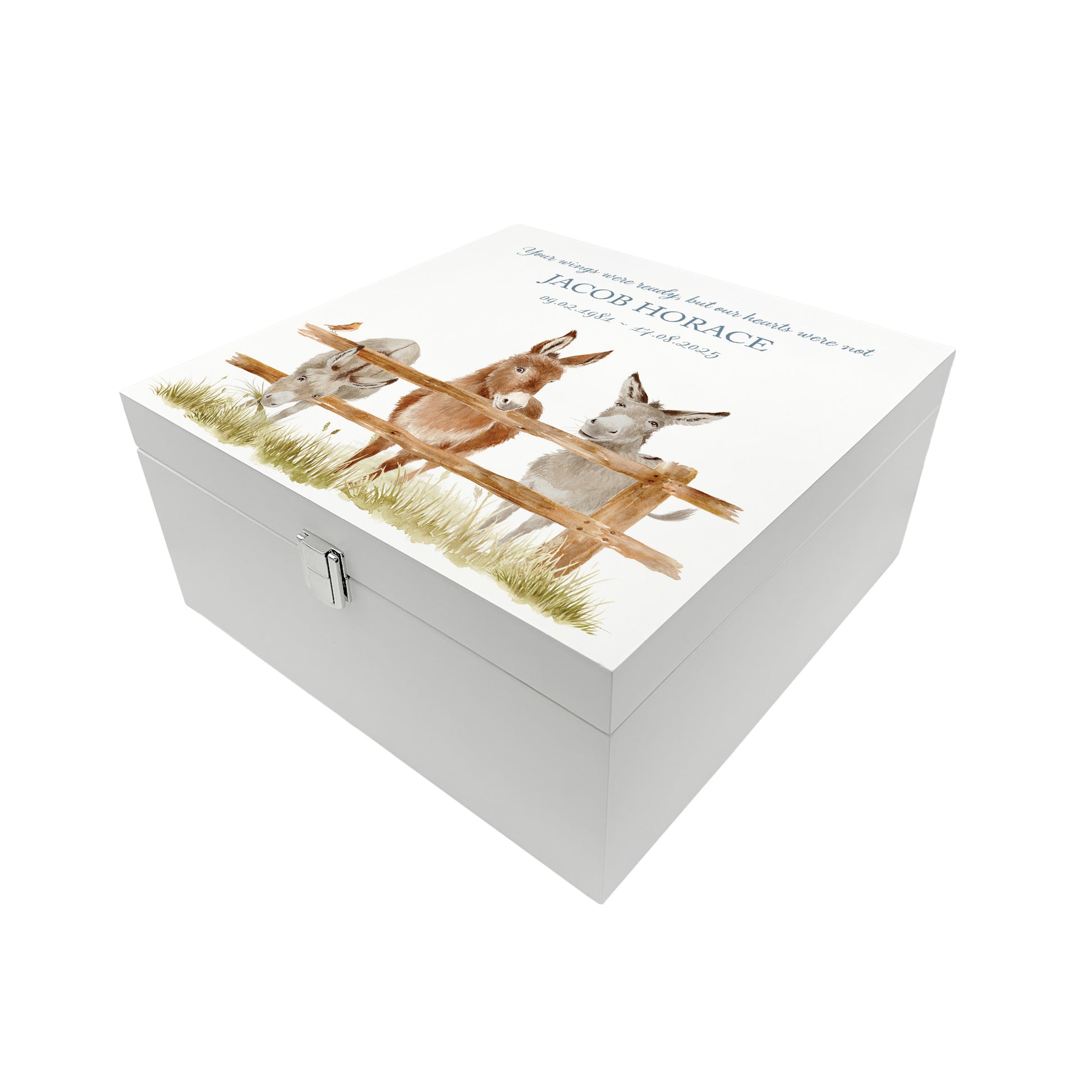 White Square personalised Wooden box with a decorative lid featuring illustrations of Donkeys and a little Robin lined up along a fence line. Perfect funeral memory keepsake box, for storing ashes, order of service, flowers and capturing your loved ones things in one place