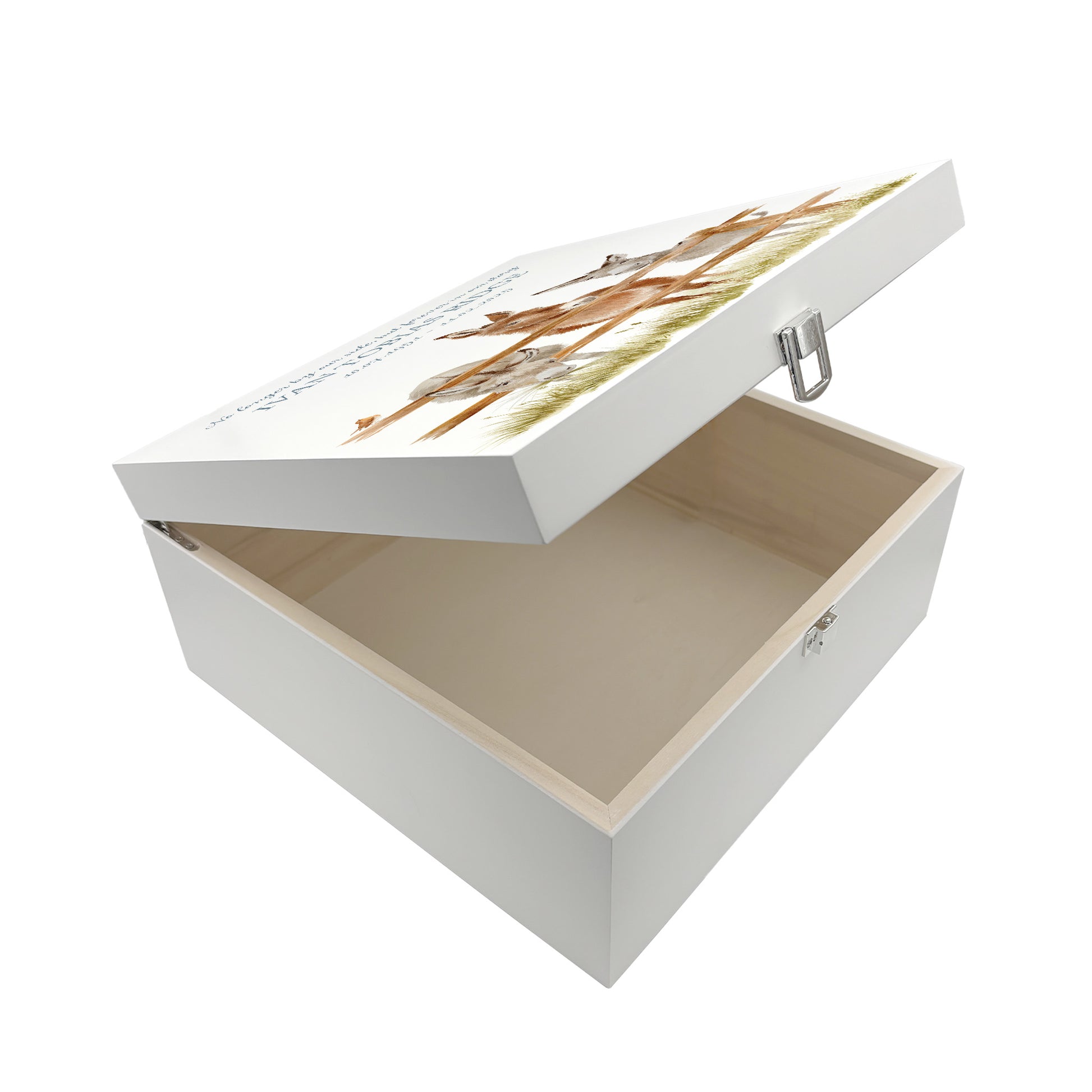 White Square personalised Wooden box with a decorative lid featuring illustrations of Donkeys and a little Robin lined up along a fence line. Perfect funeral memory keepsake box, for storing ashes, order of service, flowers and capturing your loved ones things in one place