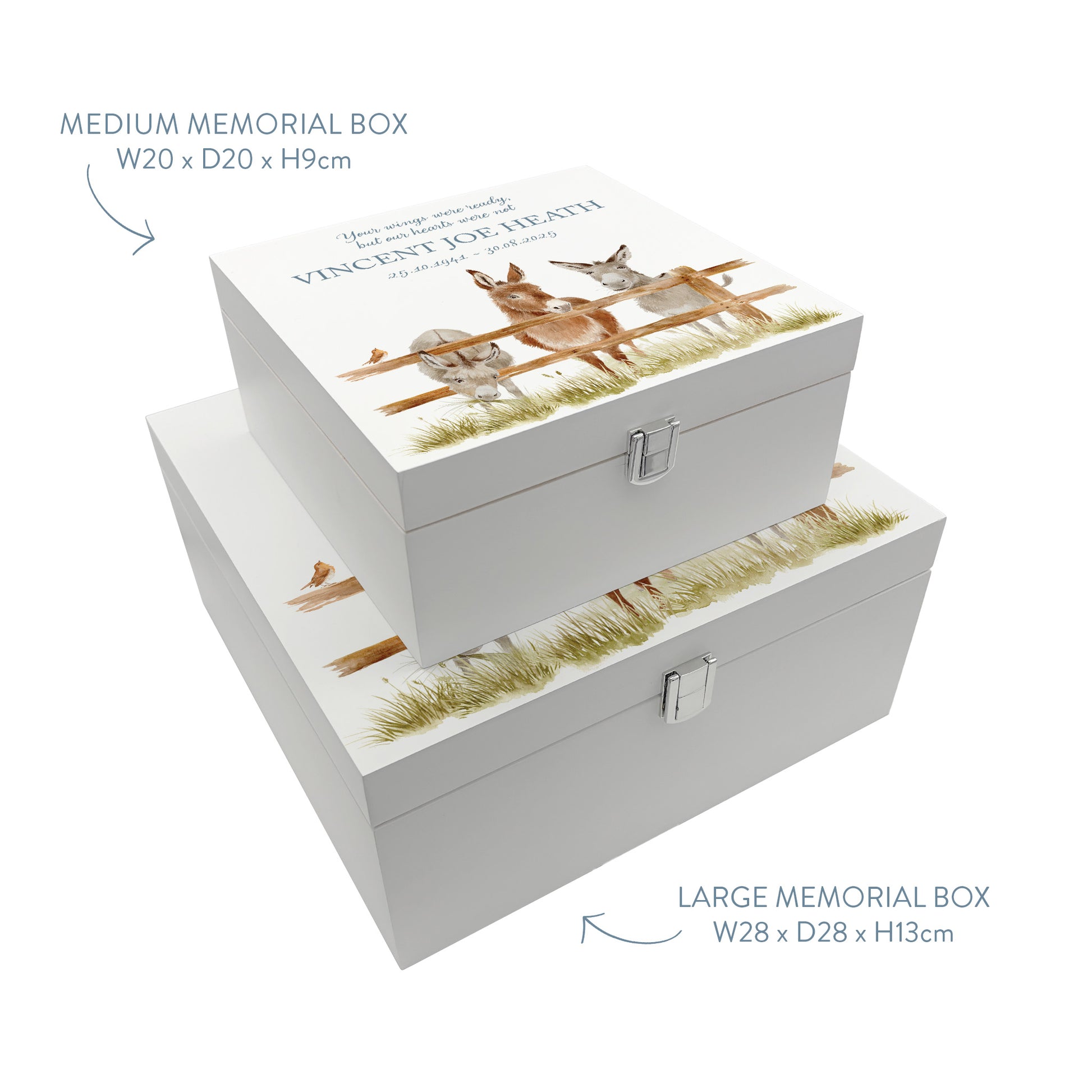 White Square personalised Wooden box with a decorative lid featuring illustrations of Donkeys and a little Robin lined up along a fence line. Perfect funeral memory keepsake box, for storing ashes, order of service, flowers and capturing your loved ones things in one place